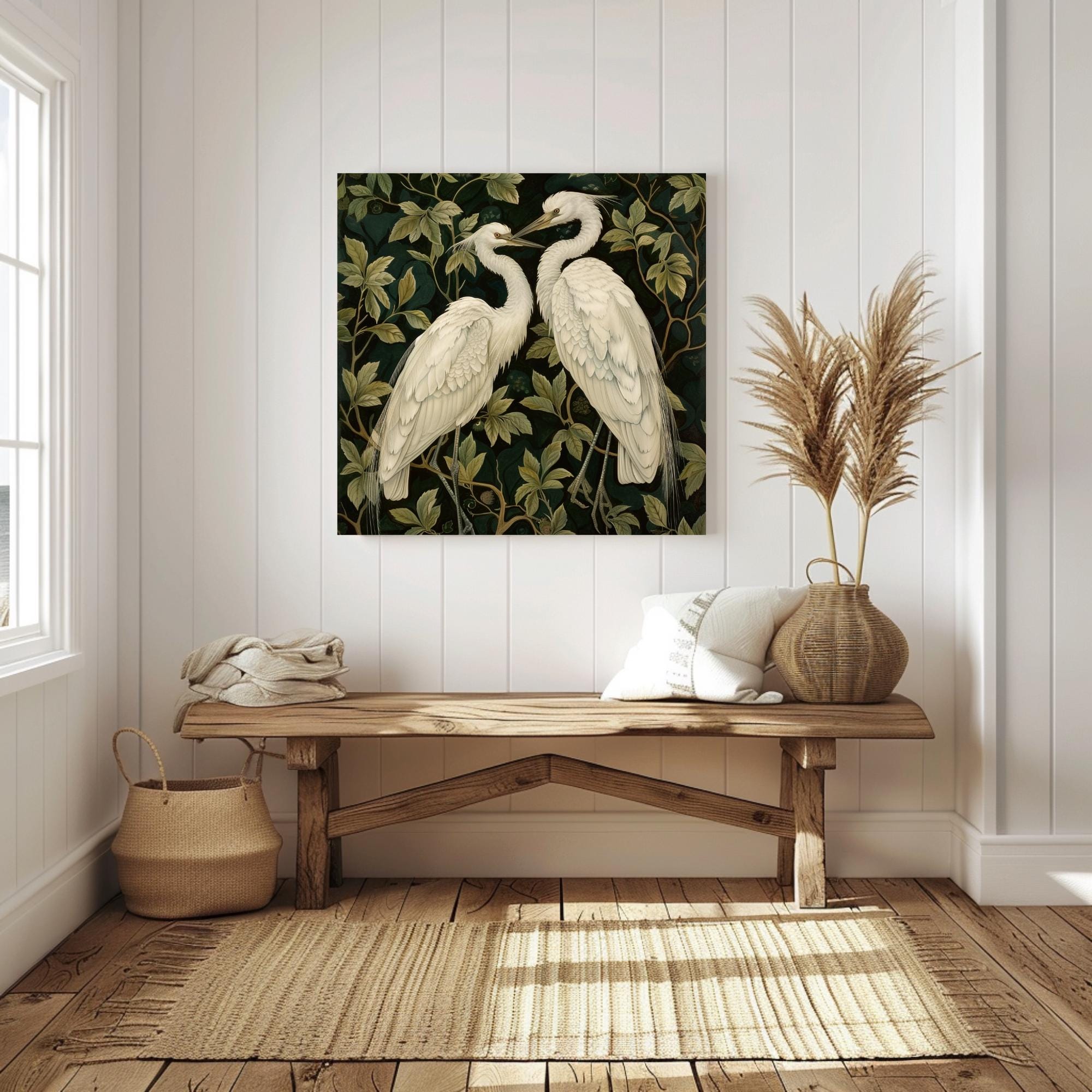 Botanical Egret Canvas Art, William Morris Inspired Wall Decor, Nature Bird Print, Elegant White Bird Artwork, Vintage Nature Wall Art