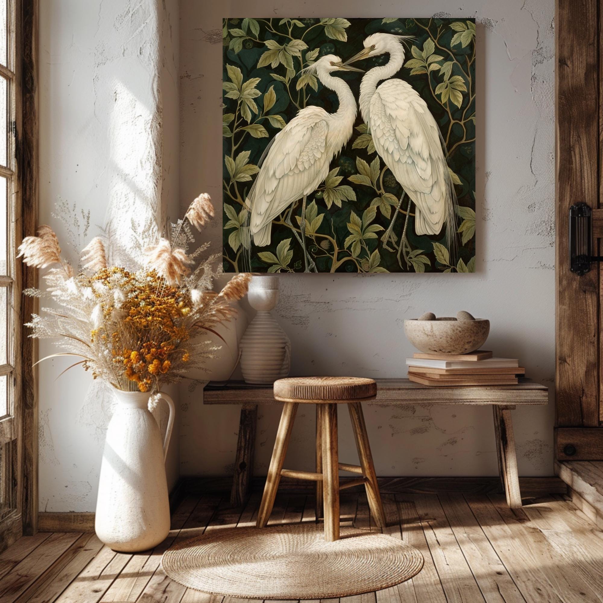 Botanical Egret Canvas Art, William Morris Inspired Wall Decor, Nature Bird Print, Elegant White Bird Artwork, Vintage Nature Wall Art