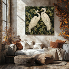 Botanical Egret Canvas Art, William Morris Inspired Wall Decor, Nature Bird Print, Elegant White Bird Artwork, Vintage Nature Wall Art