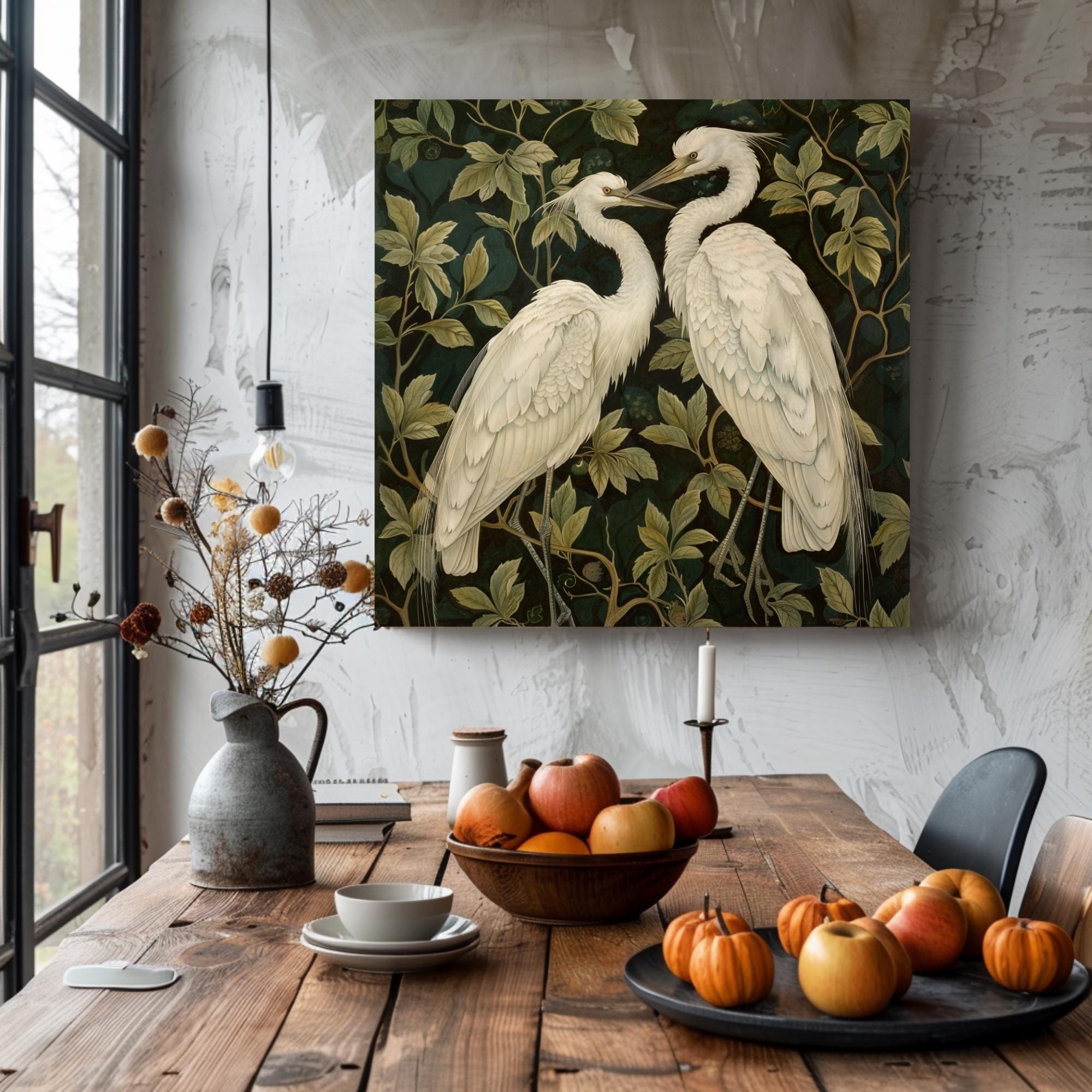 Botanical Egret Canvas Art, William Morris Inspired Wall Decor, Nature Bird Print, Elegant White Bird Artwork, Vintage Nature Wall Art