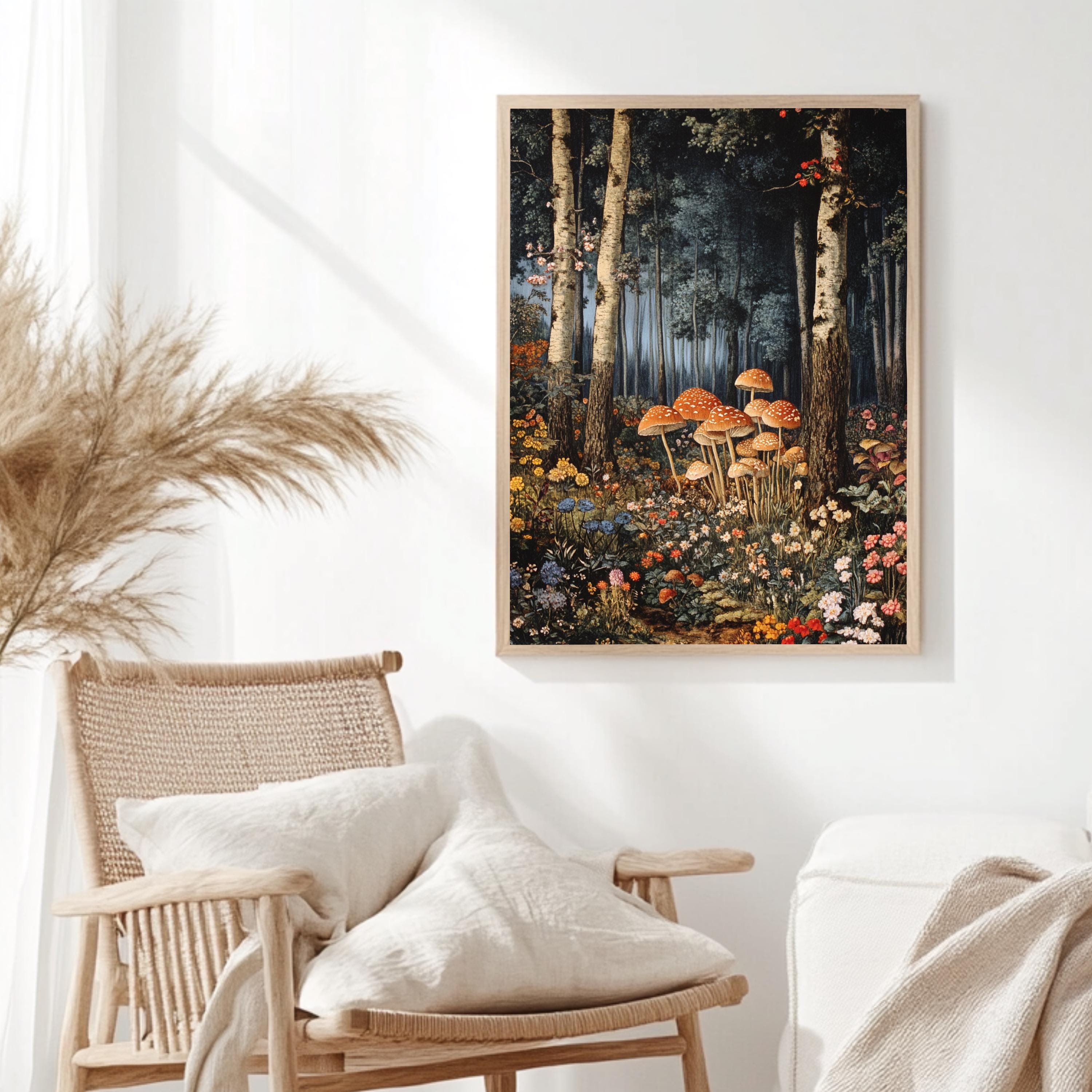 Enchanted Forest Mushroom Framed Canvas, Mystical Woodland Wall Art, Whimsical Fairy Tale Nature Print, Cottagecore Floral Decor