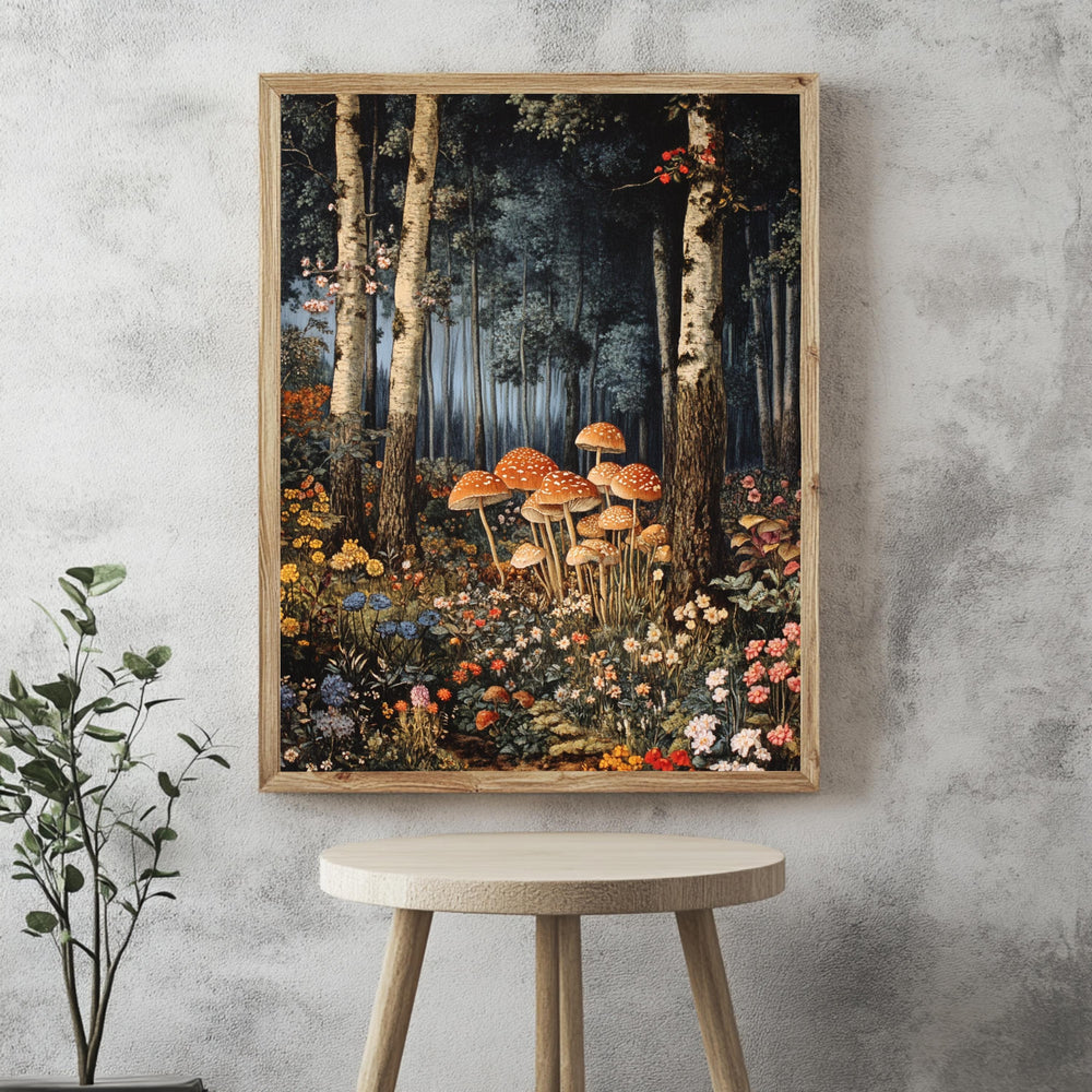 Enchanted Forest Mushroom Framed Canvas, Mystical Woodland Wall Art, Whimsical Fairy Tale Nature Print, Cottagecore Floral Decor