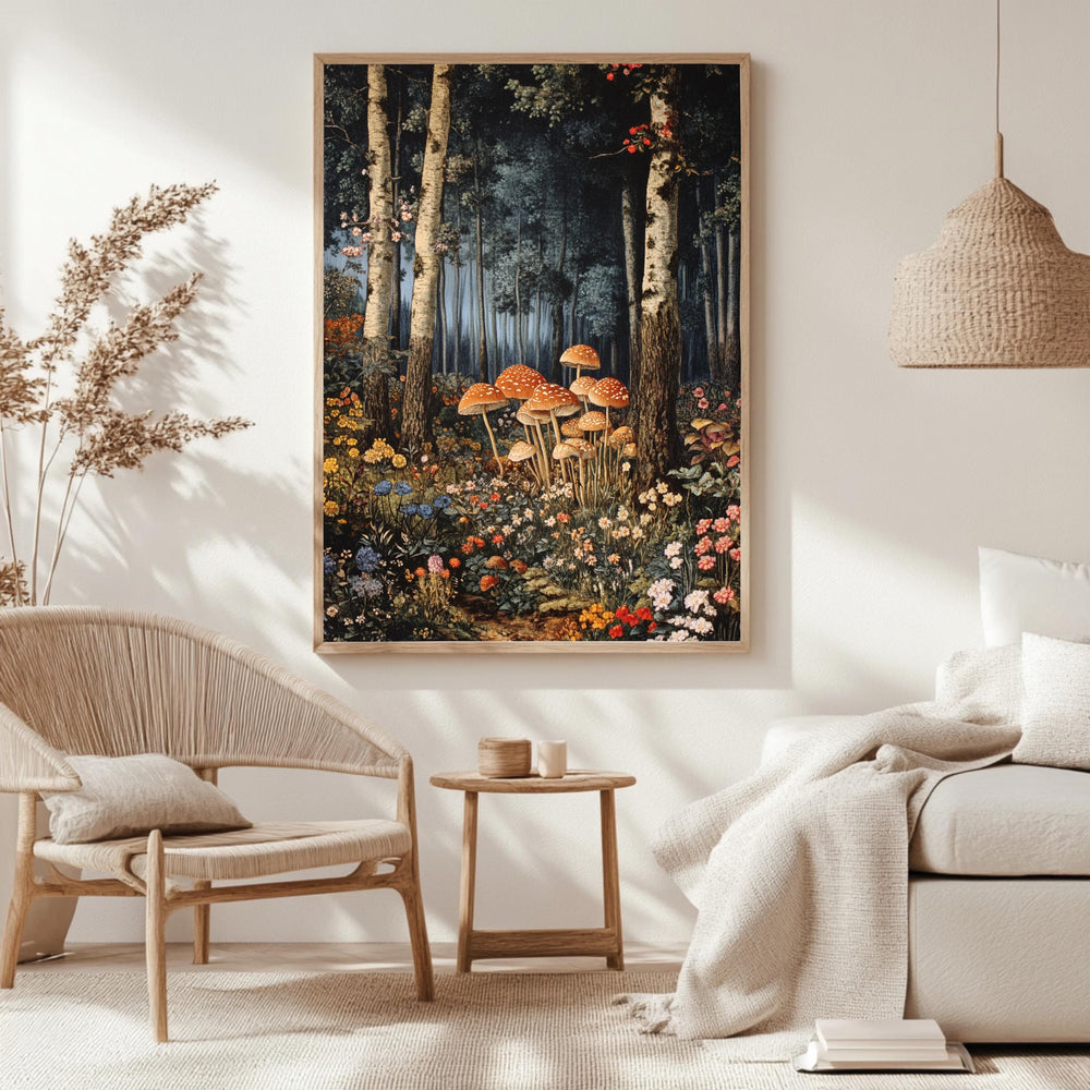Enchanted Forest Mushroom Framed Canvas, Mystical Woodland Wall Art, Whimsical Fairy Tale Nature Print, Cottagecore Floral Decor
