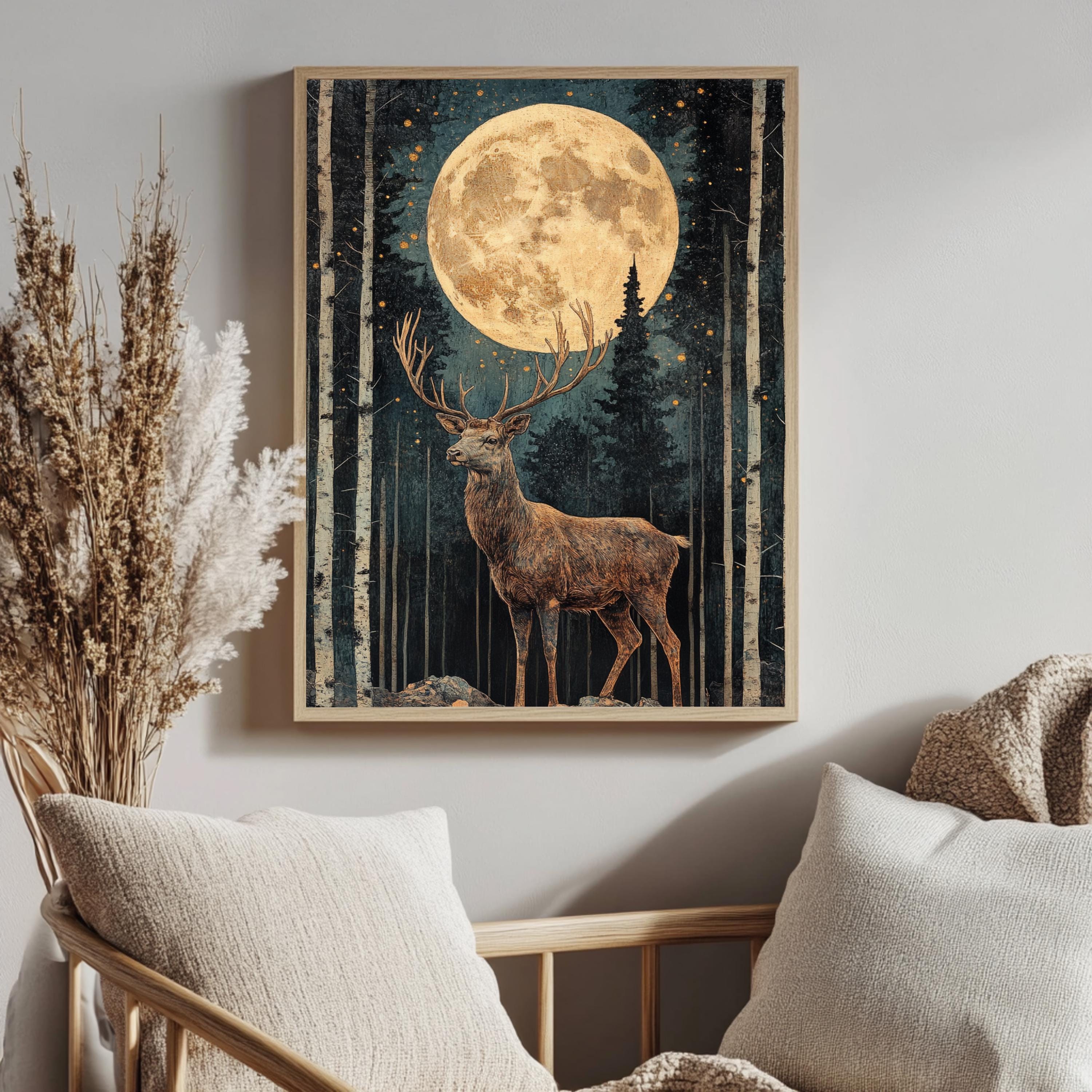 Mystical Moonlit Stag Framed Canvas, Celestial Forest Deer Print, Enchanted Wildlife Wall Decor, Woodland Lunar Canvas, Fantasy Nature Gift