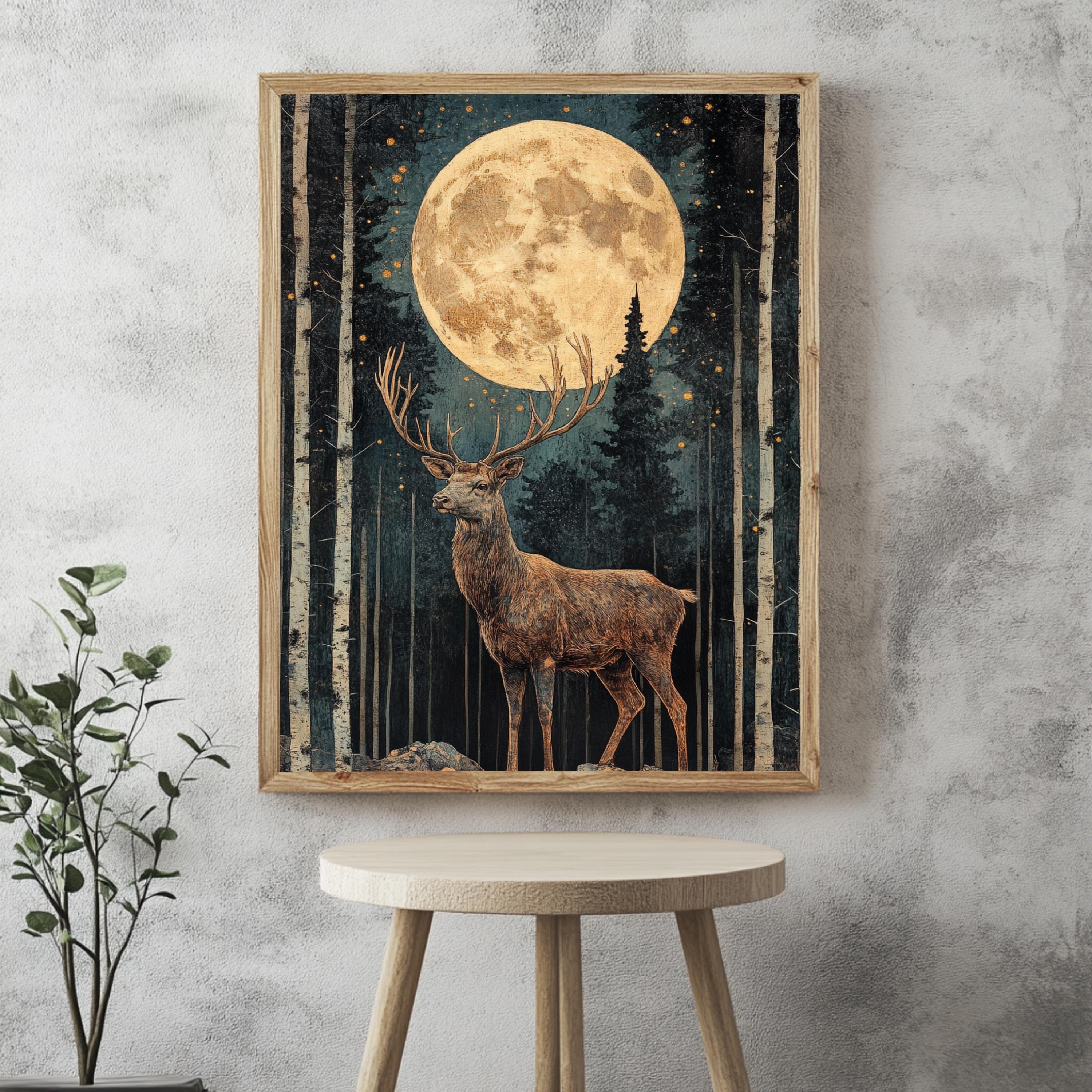Mystical Moonlit Stag Framed Canvas, Celestial Forest Deer Print, Enchanted Wildlife Wall Decor, Woodland Lunar Canvas, Fantasy Nature Gift