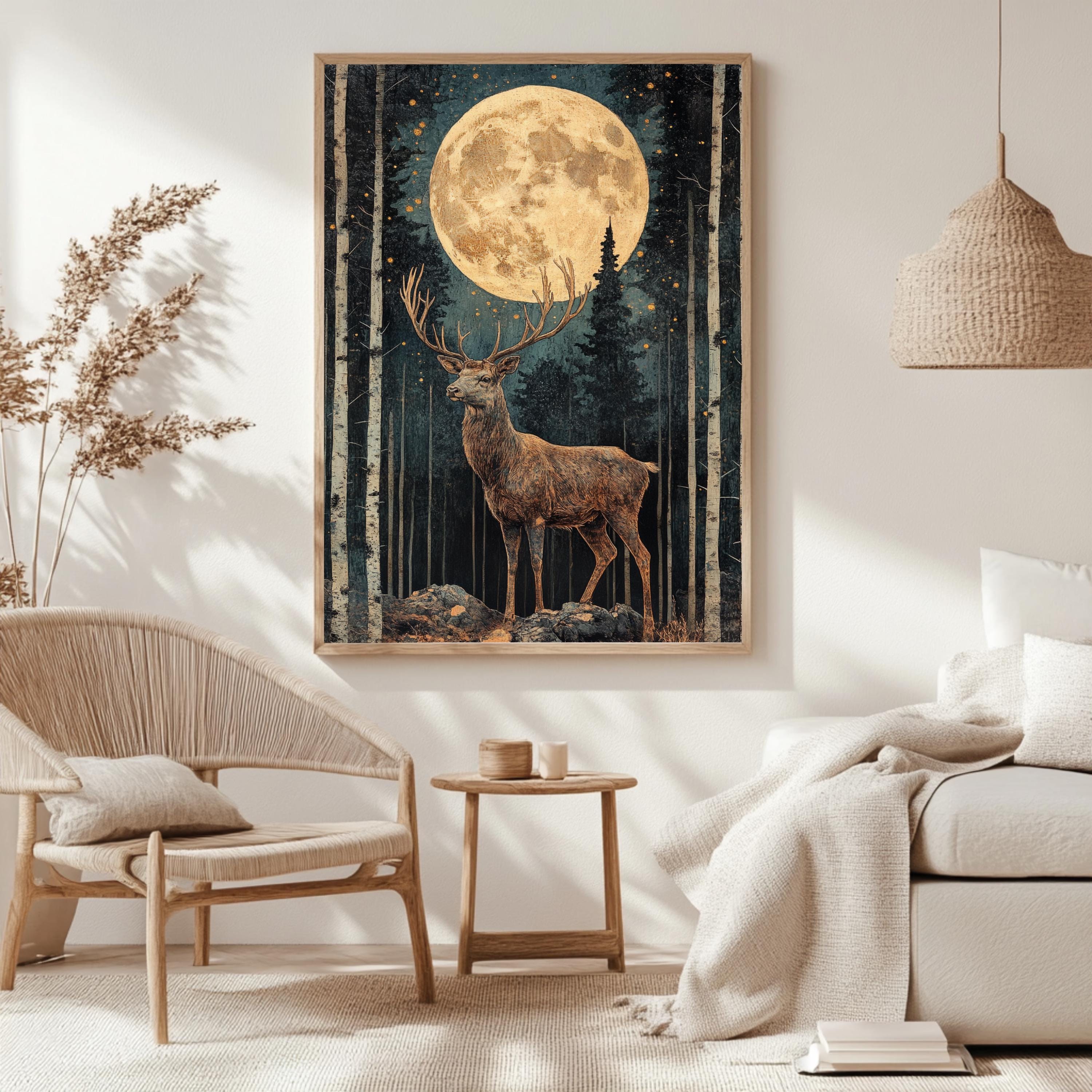 Mystical Moonlit Stag Framed Canvas, Celestial Forest Deer Print, Enchanted Wildlife Wall Decor, Woodland Lunar Canvas, Fantasy Nature Gift