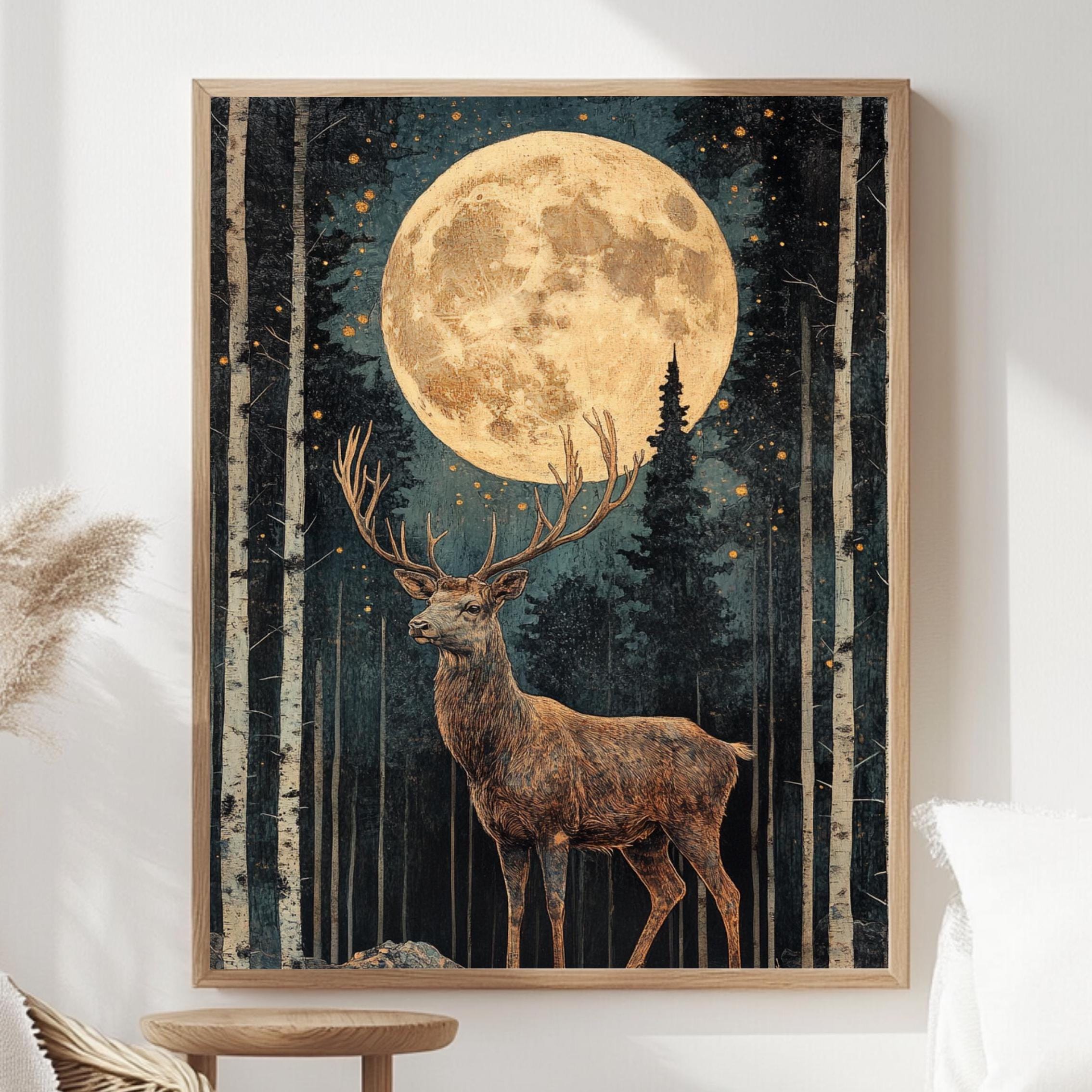 Mystical Moonlit Stag Framed Canvas, Celestial Forest Deer Print, Enchanted Wildlife Wall Decor, Woodland Lunar Canvas, Fantasy Nature Gift