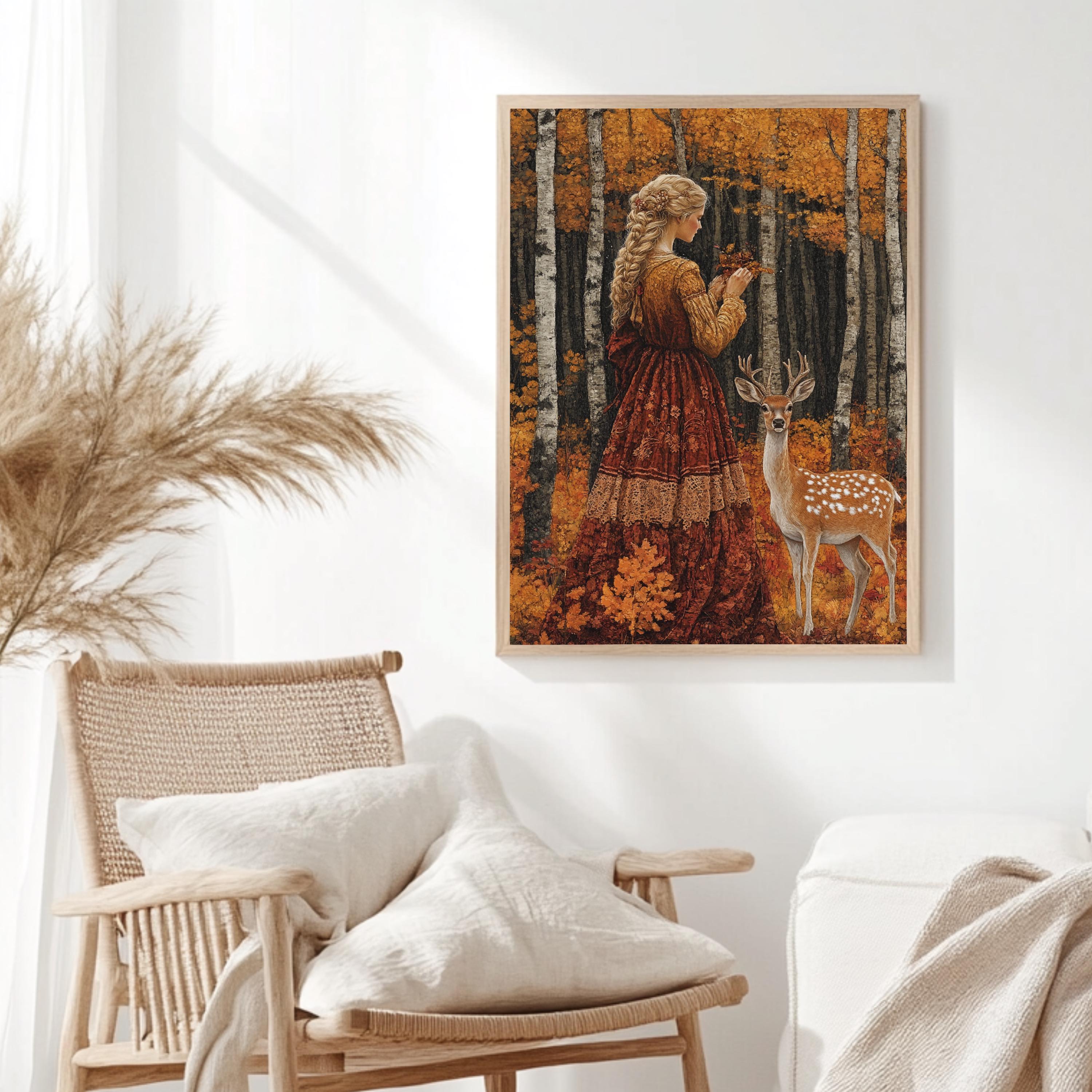 Vintage Autumn Goddess Framed Canvas, Enchanted Woodland Deer Print, Fairytale Forest Wall Art, Golden Nature Canvas, Modern Home Accent