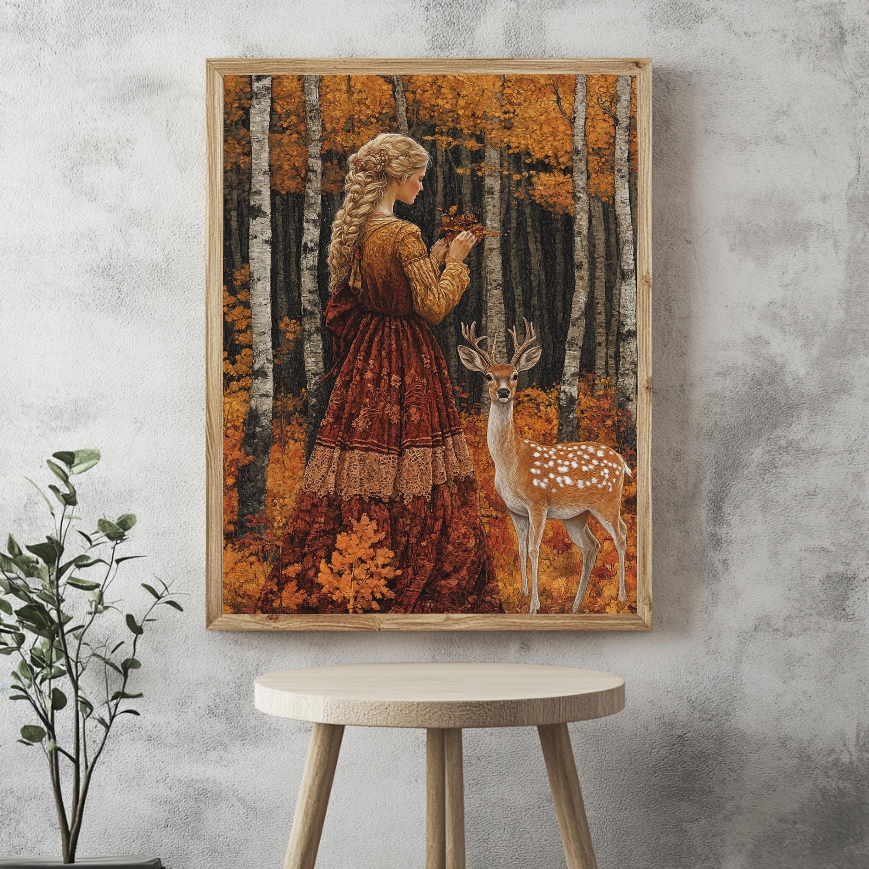 Vintage Autumn Goddess Framed Canvas, Enchanted Woodland Deer Print, Fairytale Forest Wall Art, Golden Nature Canvas, Modern Home Accent