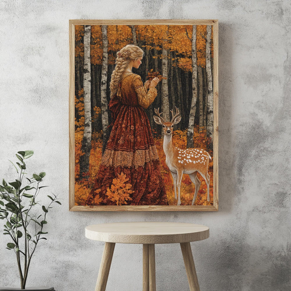 Vintage Autumn Goddess Framed Canvas, Enchanted Woodland Deer Print, Fairytale Forest Wall Art, Golden Nature Canvas, Modern Home Accent