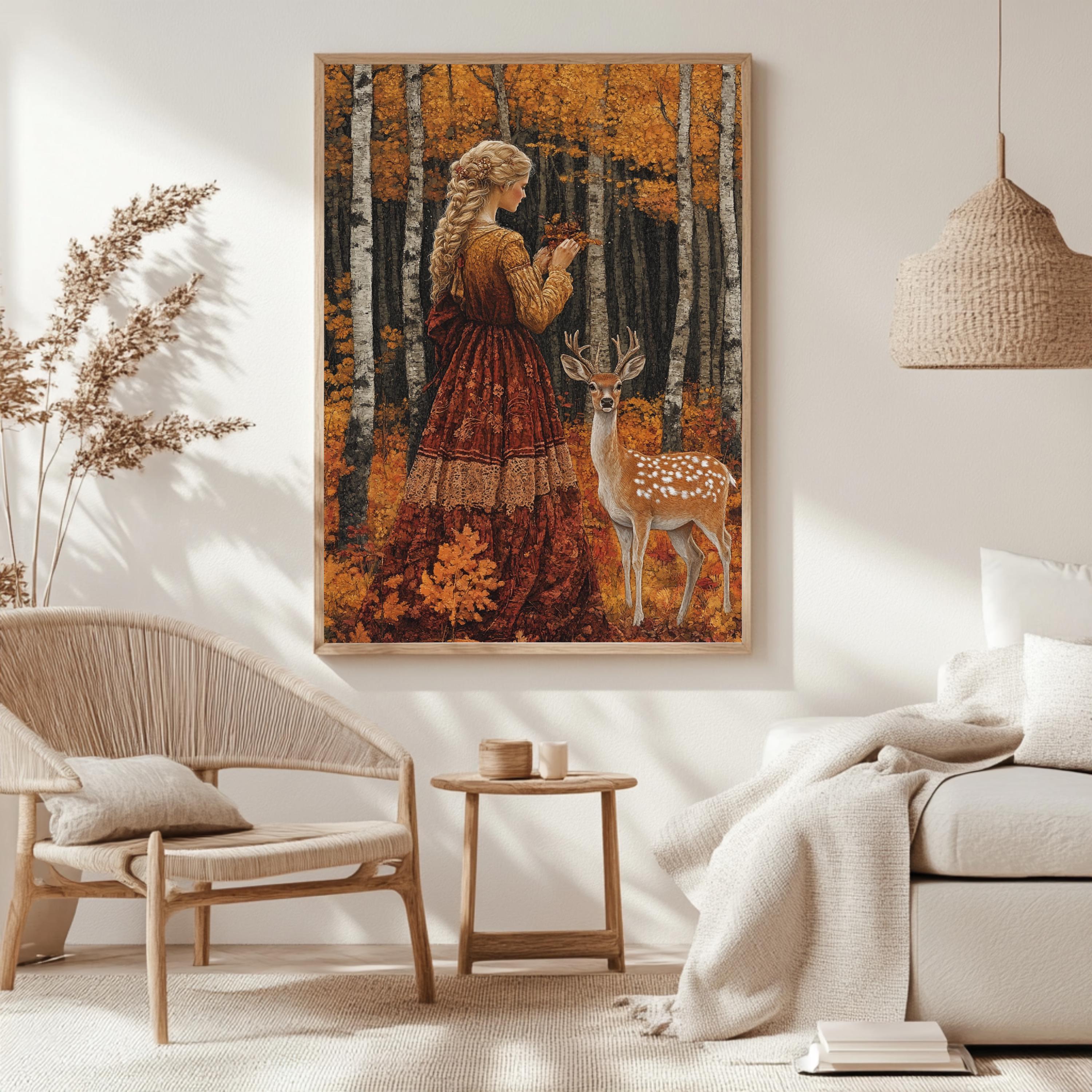 Vintage Autumn Goddess Framed Canvas, Enchanted Woodland Deer Print, Fairytale Forest Wall Art, Golden Nature Canvas, Modern Home Accent