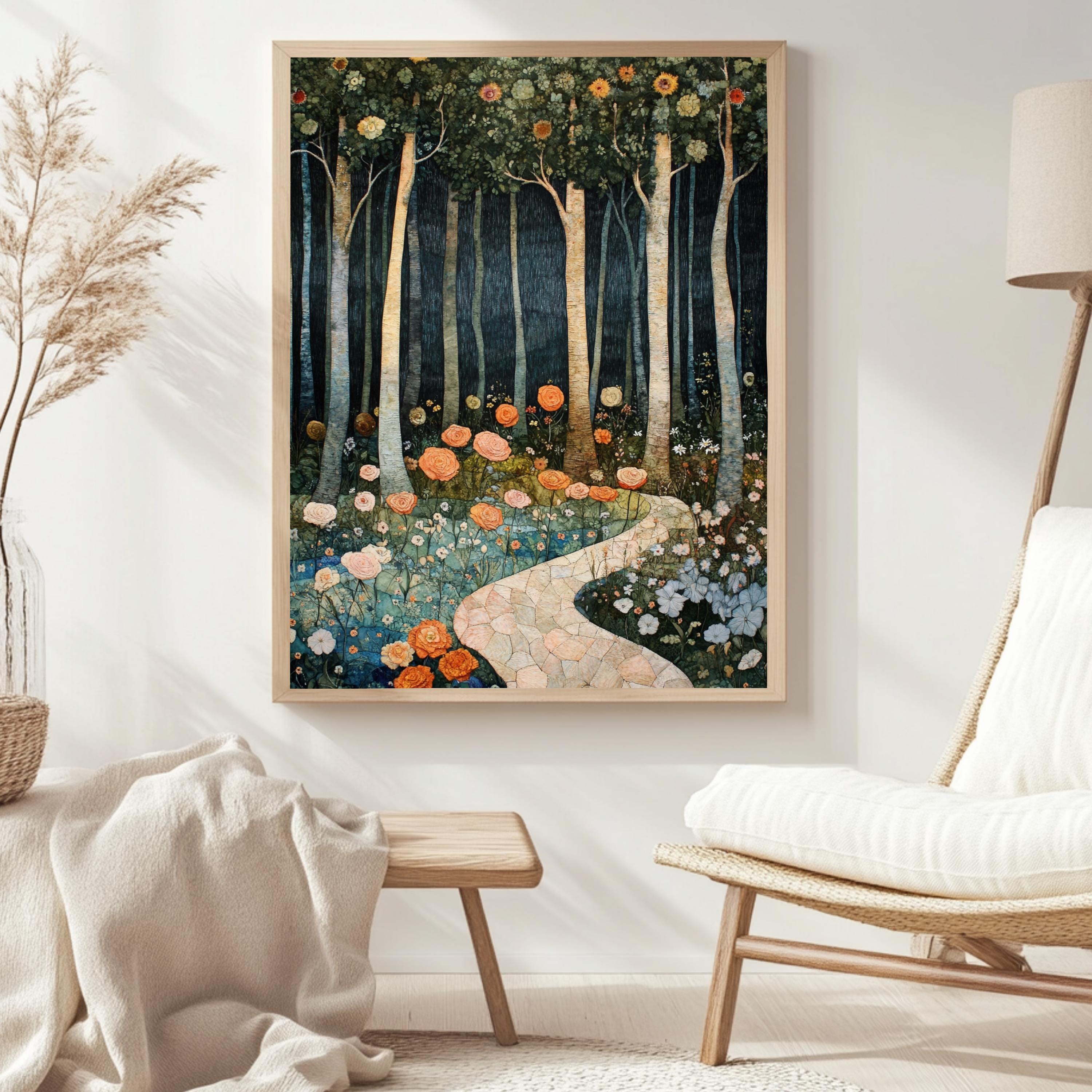Enchanted Forest Path Framed Canvas, Floral Woodland Dreamscape, Mystical Nature Wall Art, Fairytale Garden Print, Elegant Home Decor