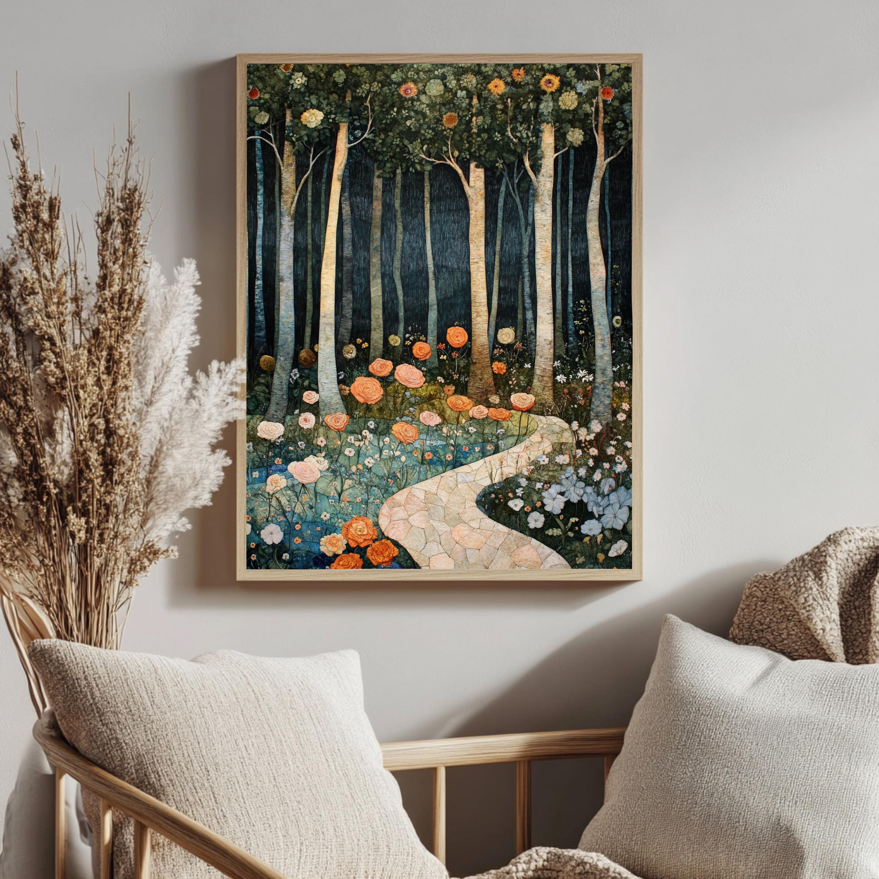 Enchanted Forest Path Framed Canvas, Floral Woodland Dreamscape, Mystical Nature Wall Art, Fairytale Garden Print, Elegant Home Decor