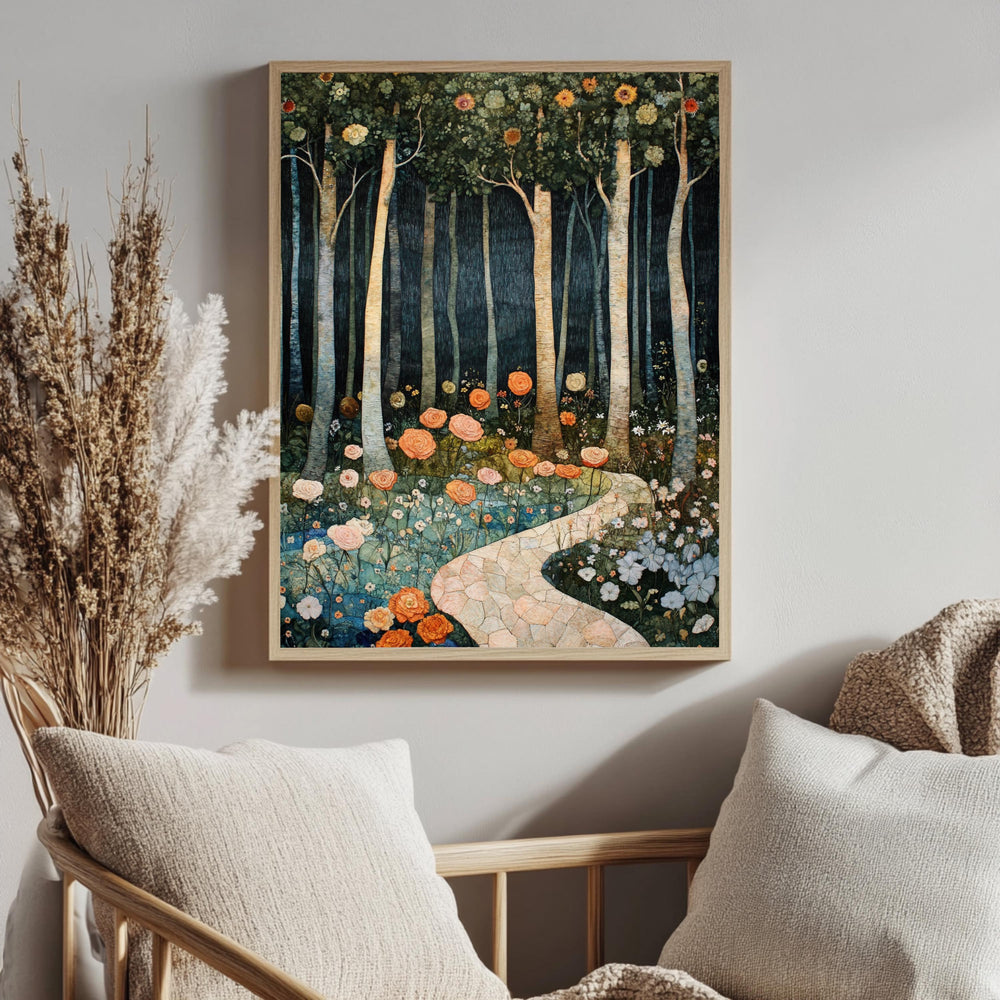 Enchanted Forest Path Framed Canvas, Floral Woodland Dreamscape, Mystical Nature Wall Art, Fairytale Garden Print, Elegant Home Decor