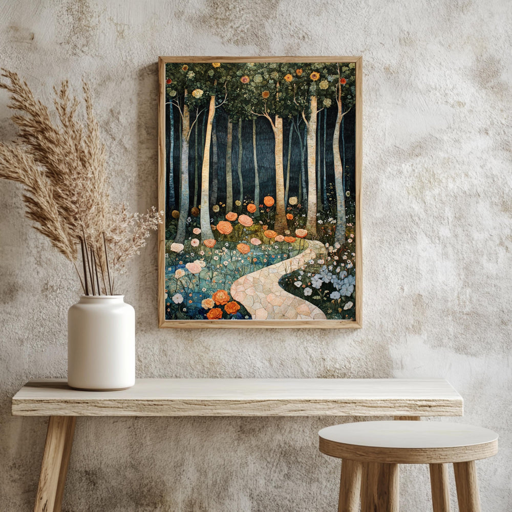 Enchanted Forest Path Framed Canvas, Floral Woodland Dreamscape, Mystical Nature Wall Art, Fairytale Garden Print, Elegant Home Decor