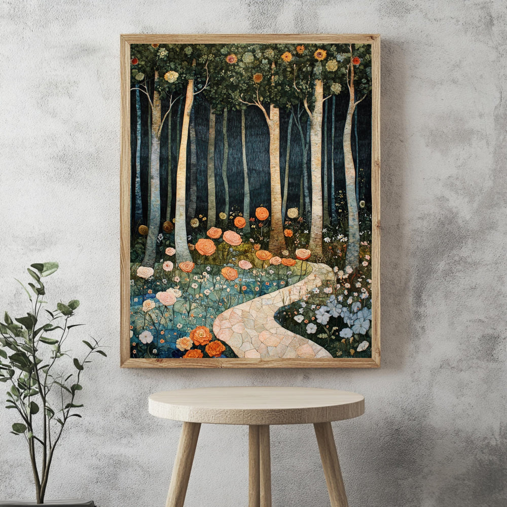 Enchanted Forest Path Framed Canvas, Floral Woodland Dreamscape, Mystical Nature Wall Art, Fairytale Garden Print, Elegant Home Decor
