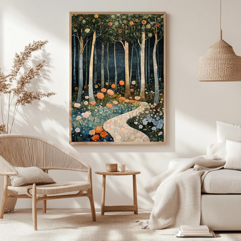 Enchanted Forest Path Framed Canvas, Floral Woodland Dreamscape, Mystical Nature Wall Art, Fairytale Garden Print, Elegant Home Decor