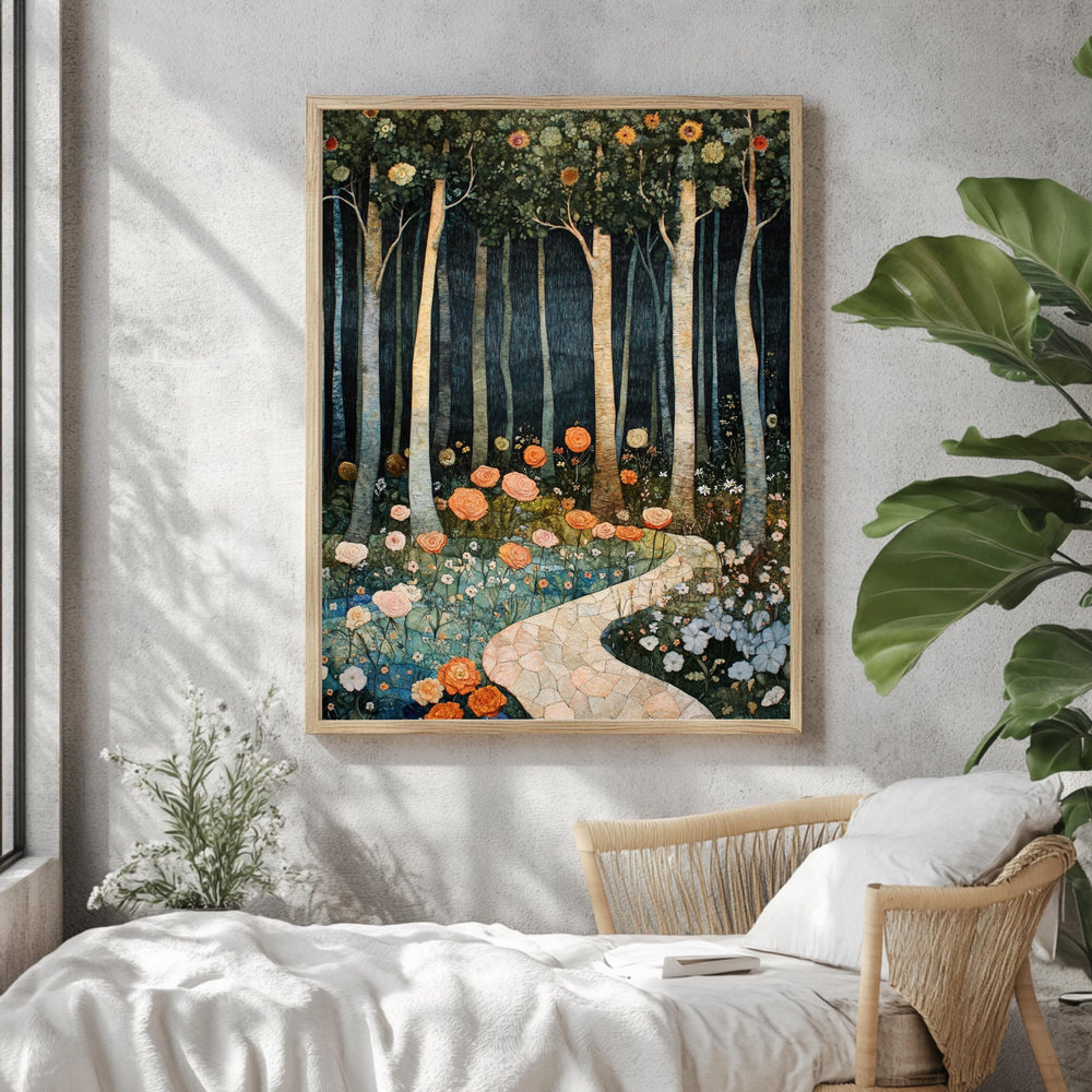 Enchanted Forest Path Framed Canvas, Floral Woodland Dreamscape, Mystical Nature Wall Art, Fairytale Garden Print, Elegant Home Decor