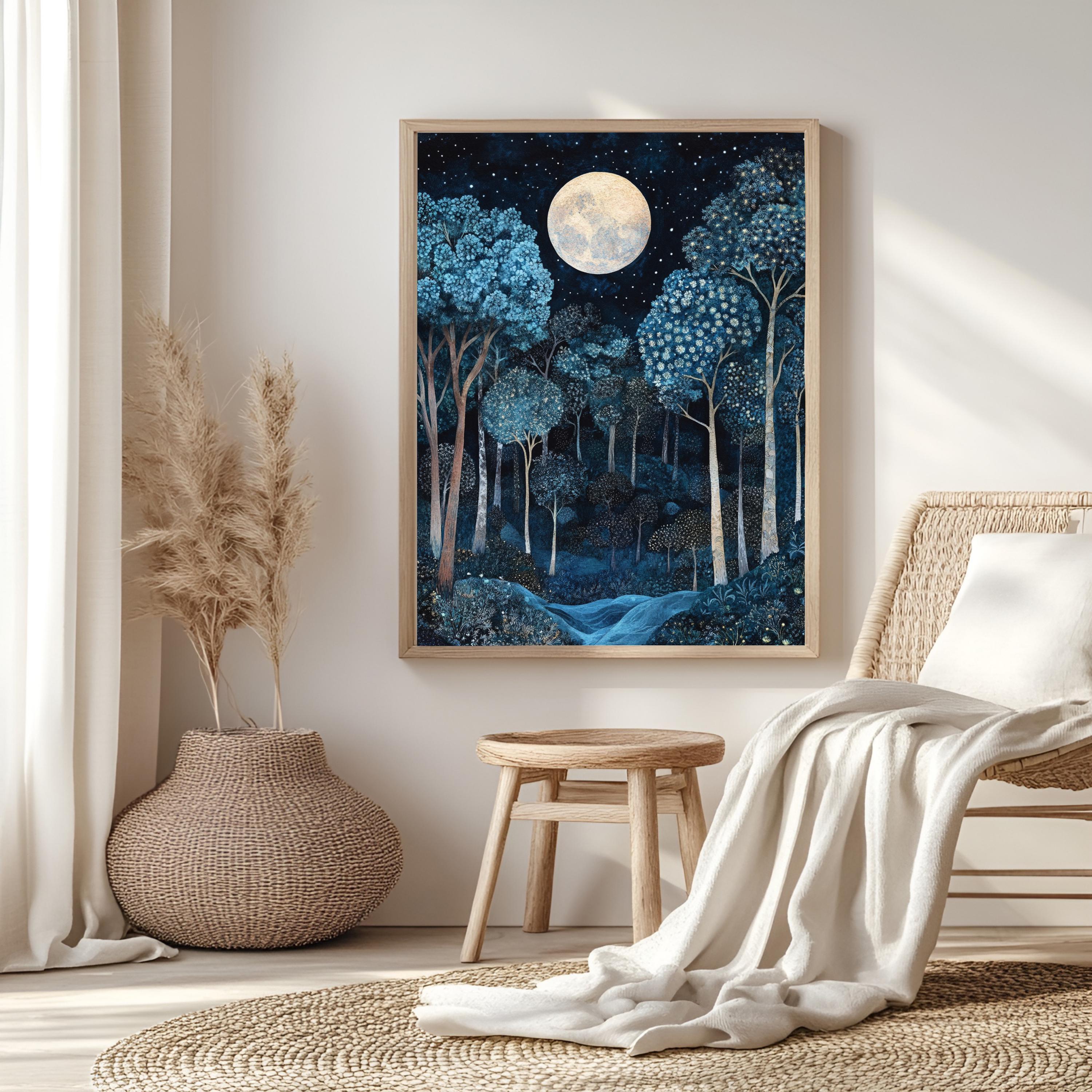 Moonlit Enchanted Forest Framed Canvas, Mystical Night Woodland, Dreamy Celestial Nature Wall Art, Cozy Home Accent