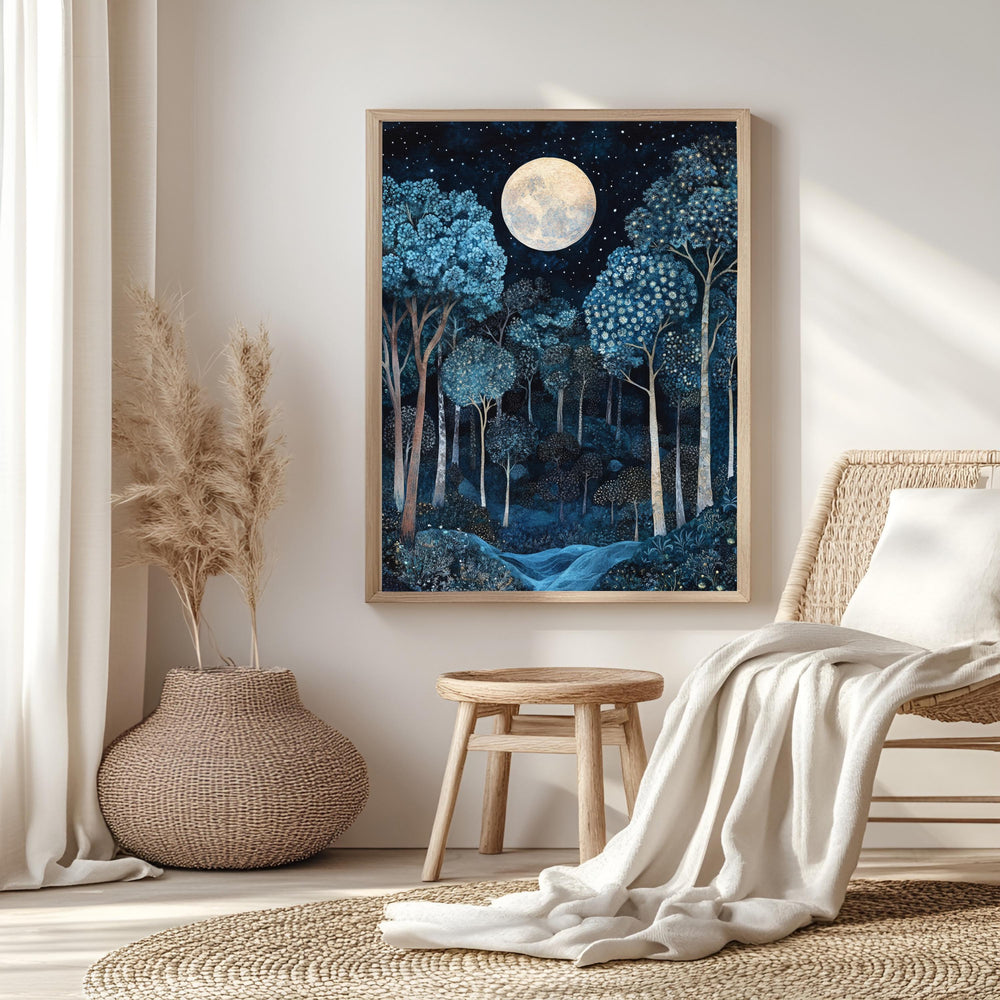 Moonlit Enchanted Forest Framed Canvas, Mystical Night Woodland, Dreamy Celestial Nature Wall Art, Cozy Home Accent