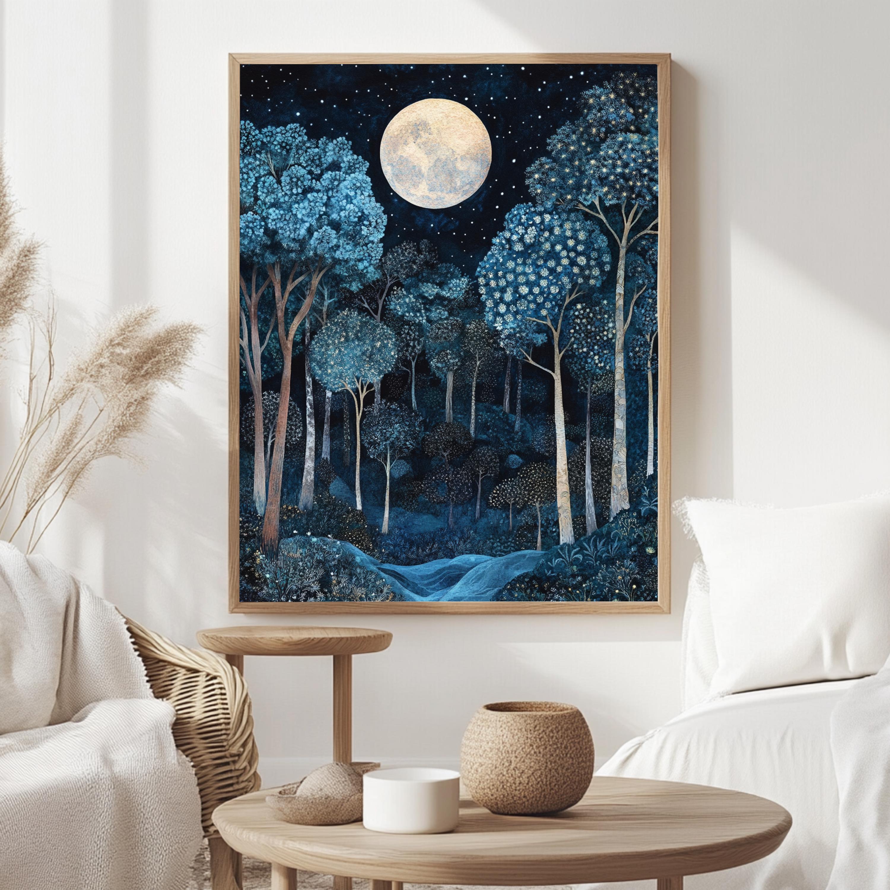 Moonlit Enchanted Forest Framed Canvas, Mystical Night Woodland, Dreamy Celestial Nature Wall Art, Cozy Home Accent