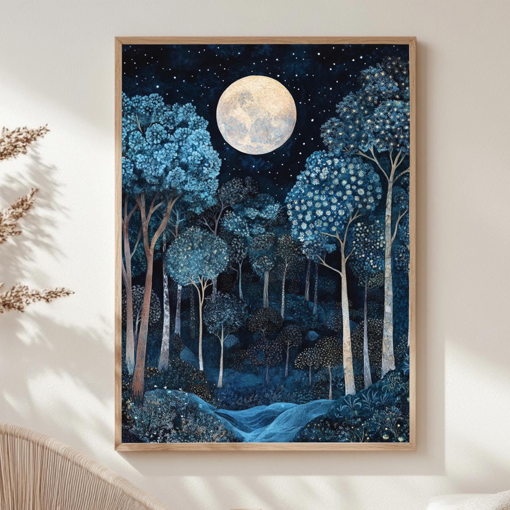 Moonlit Enchanted Forest Framed Canvas, Mystical Night Woodland, Dreamy Celestial Nature Wall Art, Cozy Home Accent