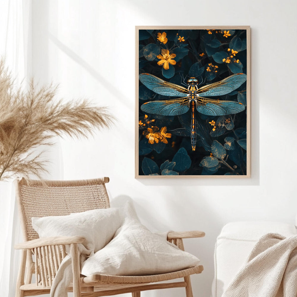 Celestial Dragonfly Framed Canvas, Mystic Insect Art, Golden Floral Nature Print, Elegant Botanical Wall Decor, Floral Fantasy Home Accent