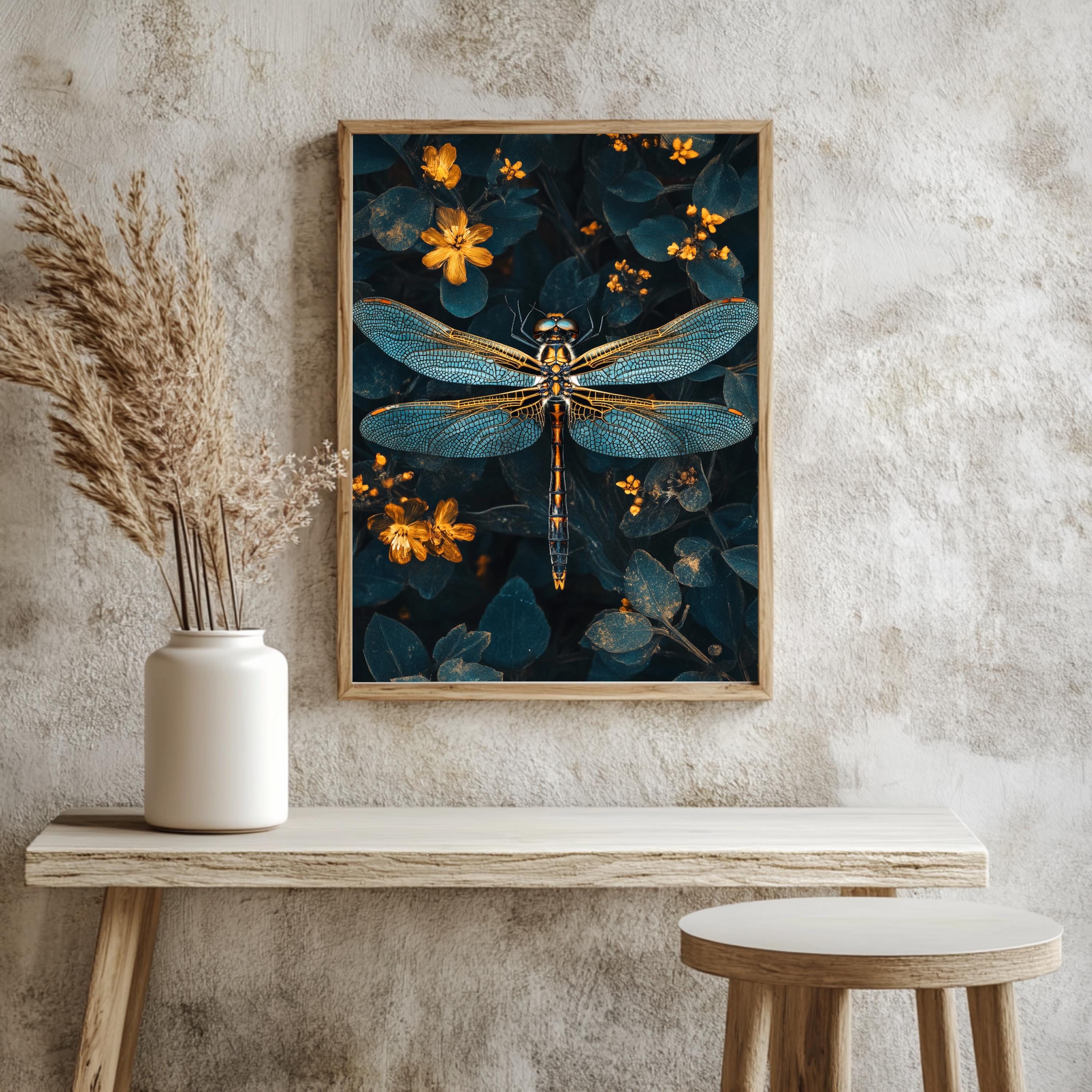 Celestial Dragonfly Framed Canvas, Mystic Insect Art, Golden Floral Nature Print, Elegant Botanical Wall Decor, Floral Fantasy Home Accent