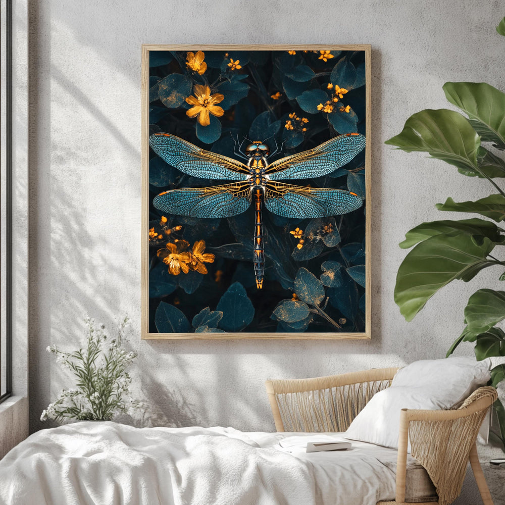 Celestial Dragonfly Framed Canvas, Mystic Insect Art, Golden Floral Nature Print, Elegant Botanical Wall Decor, Floral Fantasy Home Accent
