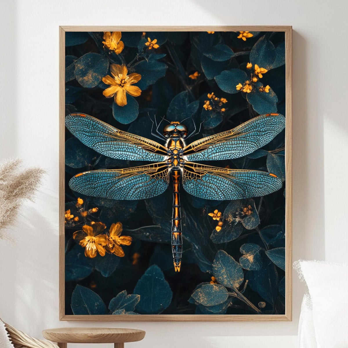 Celestial Dragonfly Framed Canvas, Mystic Insect Art, Golden Floral Nature Print, Elegant Botanical Wall Decor, Floral Fantasy Home Accent
