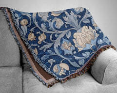 Blue Vintage Throw Blanket, Cotton Woven Blanket, Cozy Picnic Blanket, Vintage Floral Blanket, William Morris Inspired Blanket Gift for Mom