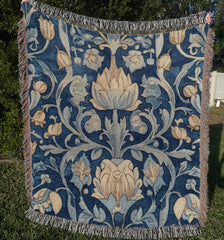 Blue Vintage Throw Blanket, Cotton Woven Blanket, Cozy Picnic Blanket, Vintage Floral Blanket, William Morris Inspired Blanket Gift for Mom