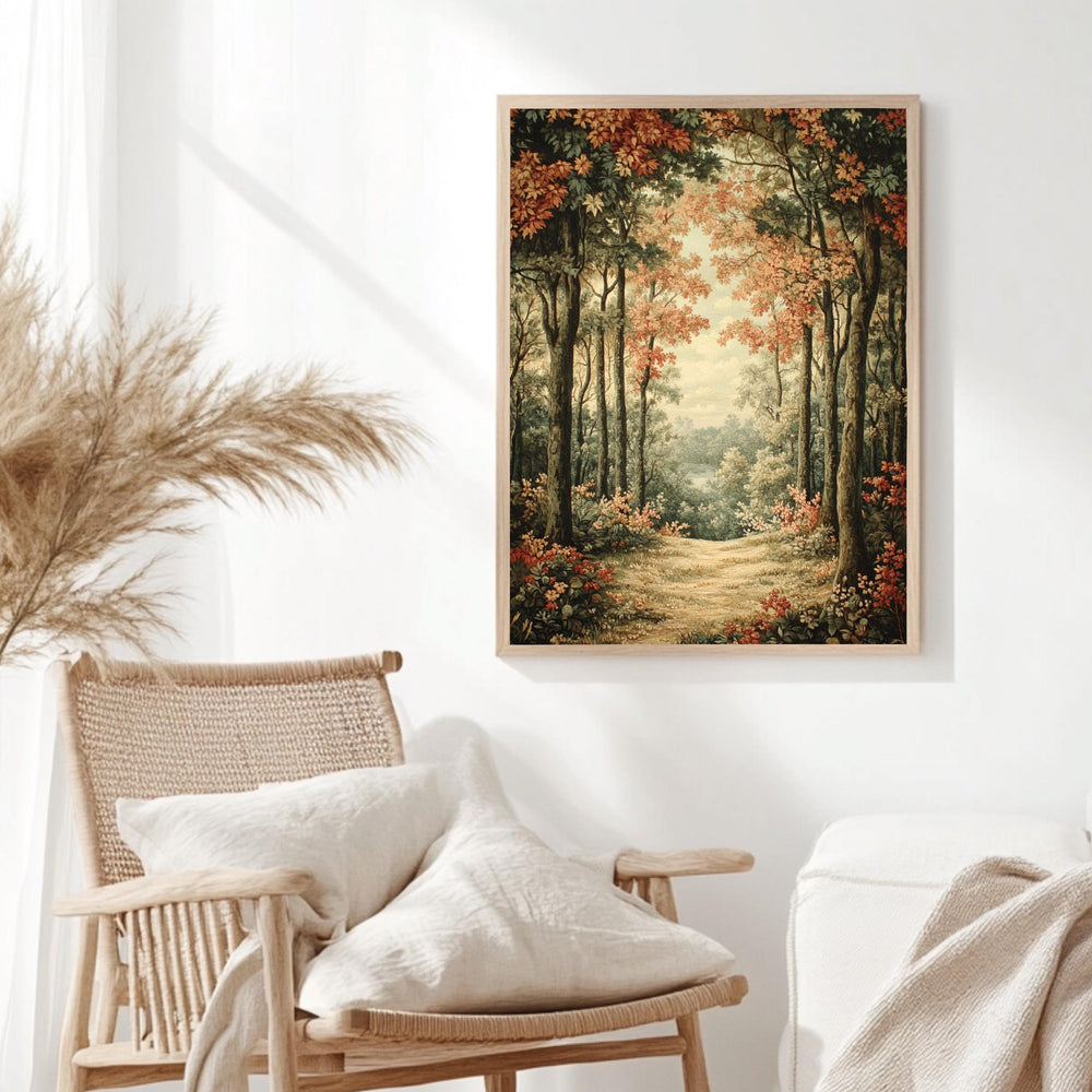 Golden Forest Path Framed Canvas, Tranquil Woodland Wall Art, Soft Autumn Landscape Print, Cozy Nature Trail Home Decor