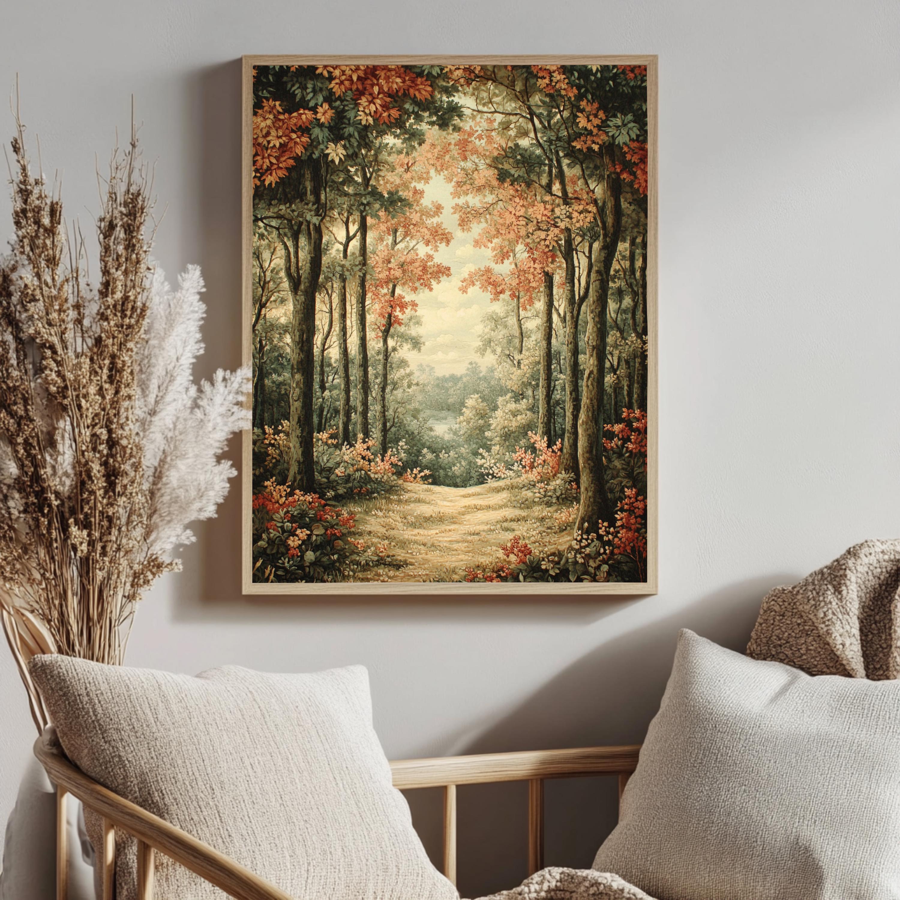 Golden Forest Path Framed Canvas, Tranquil Woodland Wall Art, Soft Autumn Landscape Print, Cozy Nature Trail Home Decor