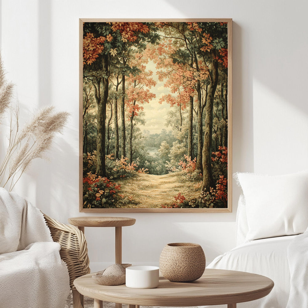 Golden Forest Path Framed Canvas, Tranquil Woodland Wall Art, Soft Autumn Landscape Print, Cozy Nature Trail Home Decor