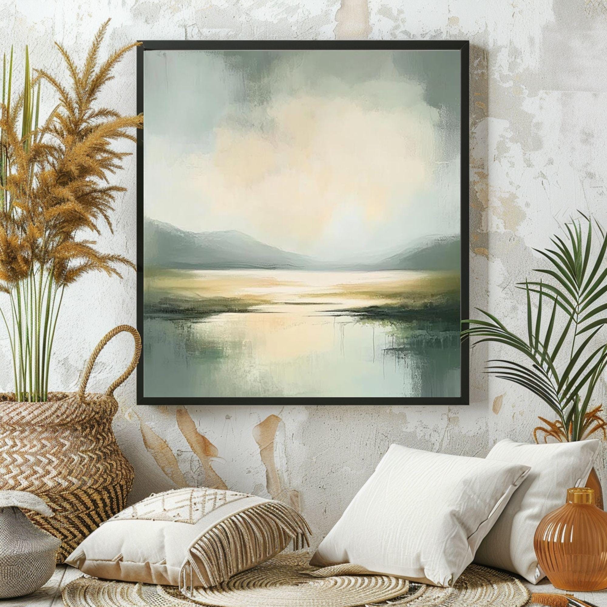 Misty Coast Abstract Canvas Art, Soft Moody Pale Green Coastal Painting, Framed Ocean Wall Art, Minimalist Seascape
