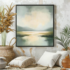 Misty Coast Abstract Canvas Art, Soft Moody Pale Green Coastal Painting, Framed Ocean Wall Art, Minimalist Seascape