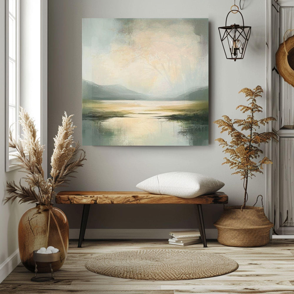 Misty Coast Abstract Canvas Art, Soft Moody Pale Green Coastal Painting, Framed Ocean Wall Art, Minimalist Seascape
