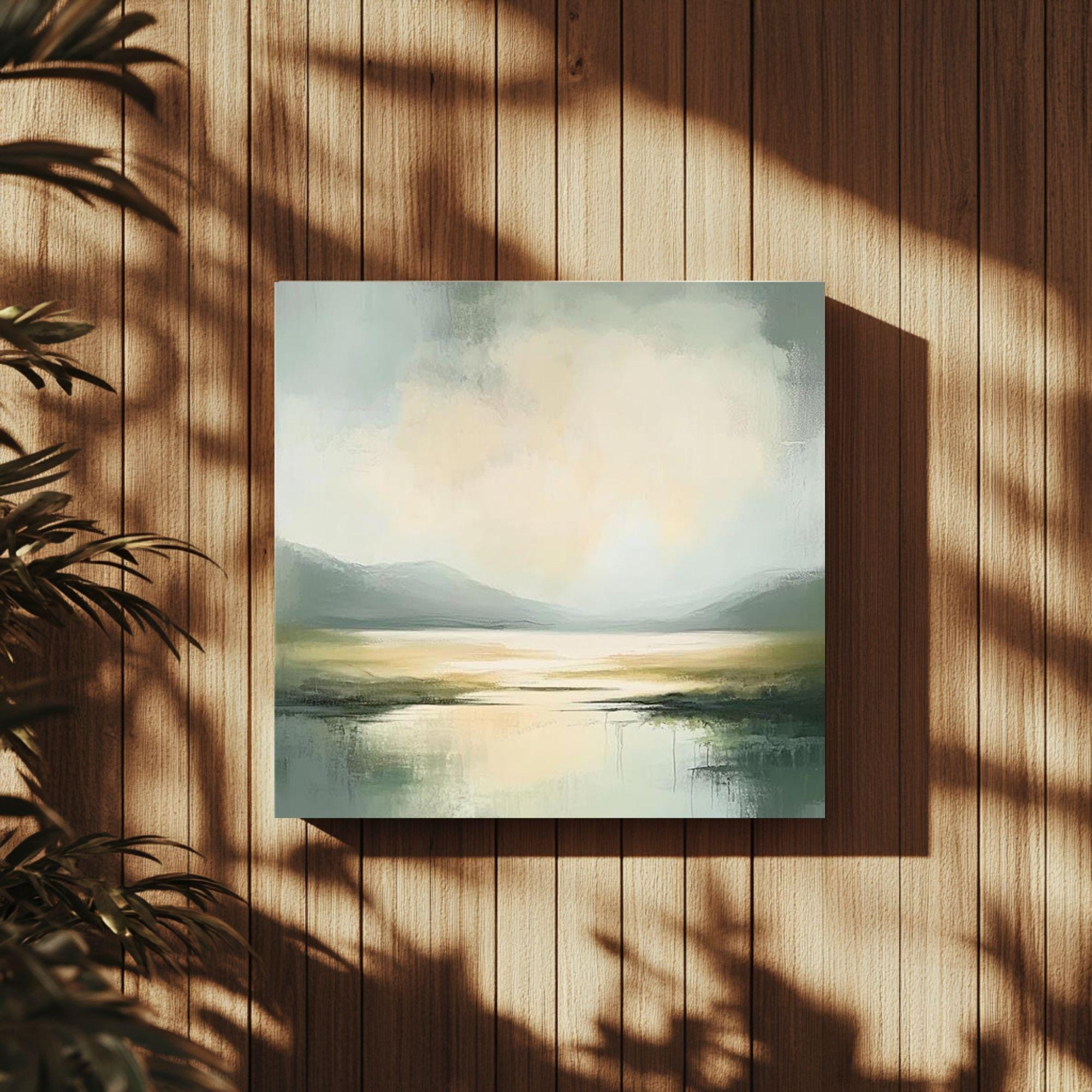 Misty Coast Abstract Canvas Art, Soft Moody Pale Green Coastal Painting, Framed Ocean Wall Art, Minimalist Seascape