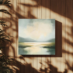 Misty Coast Abstract Canvas Art, Soft Moody Pale Green Coastal Painting, Framed Ocean Wall Art, Minimalist Seascape