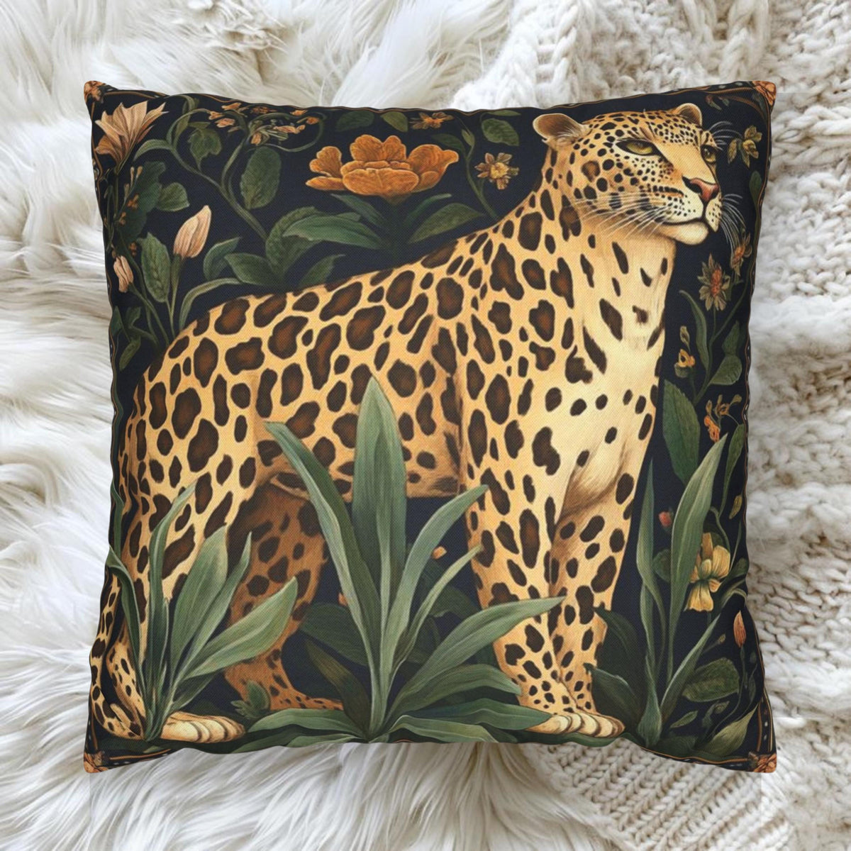 Vintage Leopard Throw Pillow, William Morris Style Pillow Case, Jungle Decor for Couch or Bed, Botanical Art Nouveau Accent Pillow Cover
