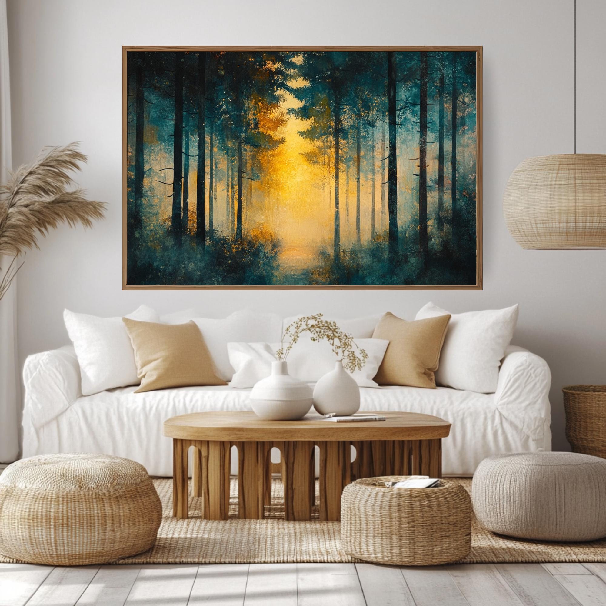 Golden Light Forest Wooden Framed Canvas, Abstract Pine Landscape Wall Art, Serene Nature Scene Print, Dreamy Moody Woodland Decor