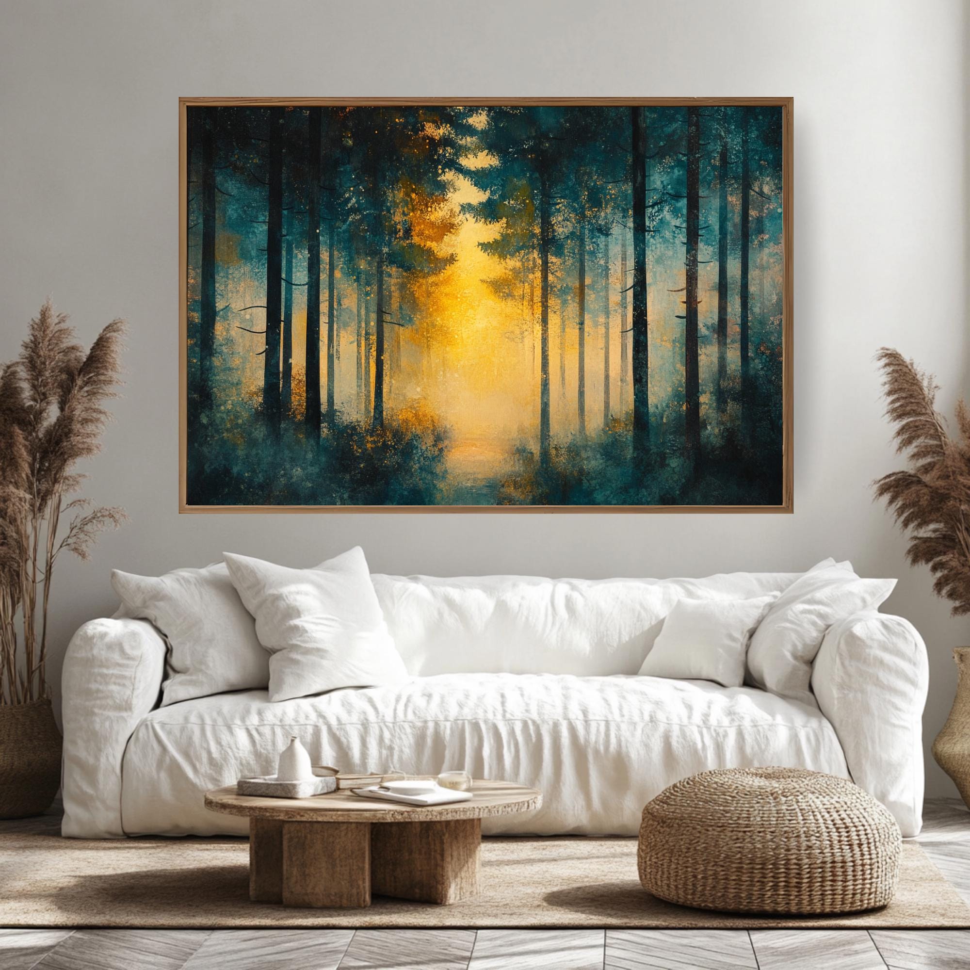Golden Light Forest Wooden Framed Canvas, Abstract Pine Landscape Wall Art, Serene Nature Scene Print, Dreamy Moody Woodland Decor