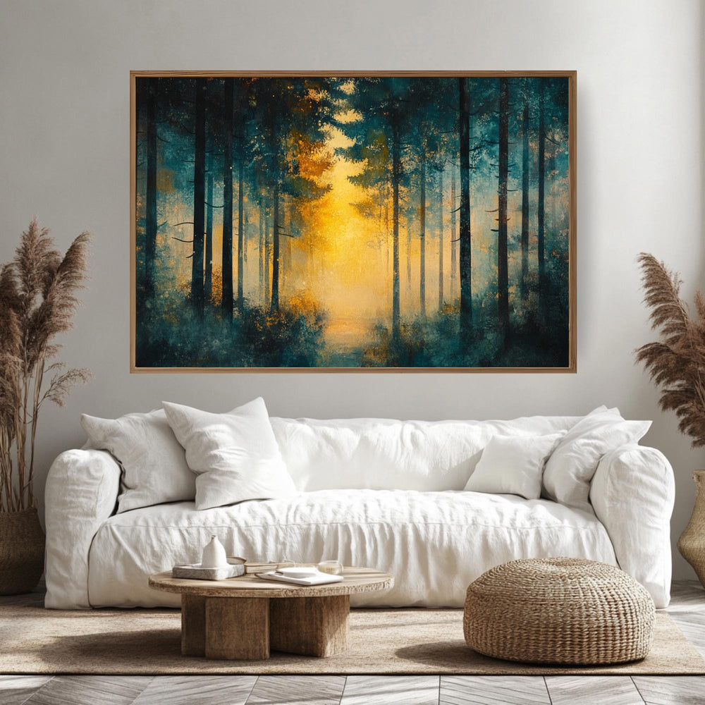 Golden Light Forest Wooden Framed Canvas, Abstract Pine Landscape Wall Art, Serene Nature Scene Print, Dreamy Moody Woodland Decor