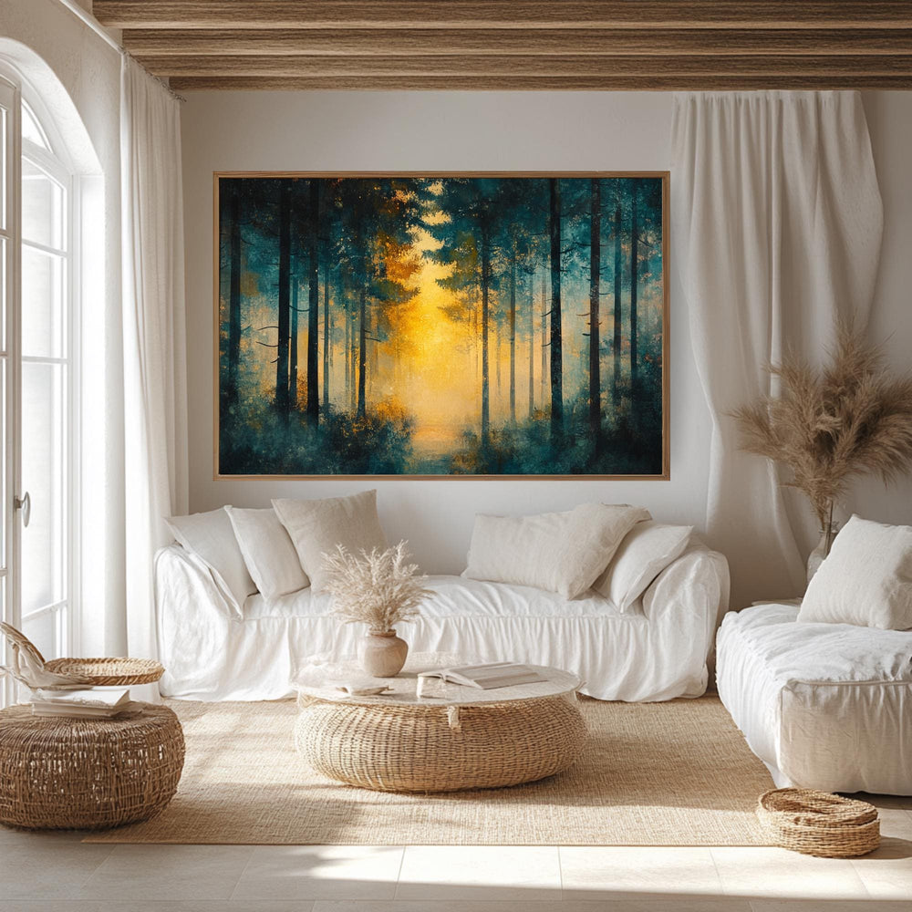 Golden Light Forest Wooden Framed Canvas, Abstract Pine Landscape Wall Art, Serene Nature Scene Print, Dreamy Moody Woodland Decor