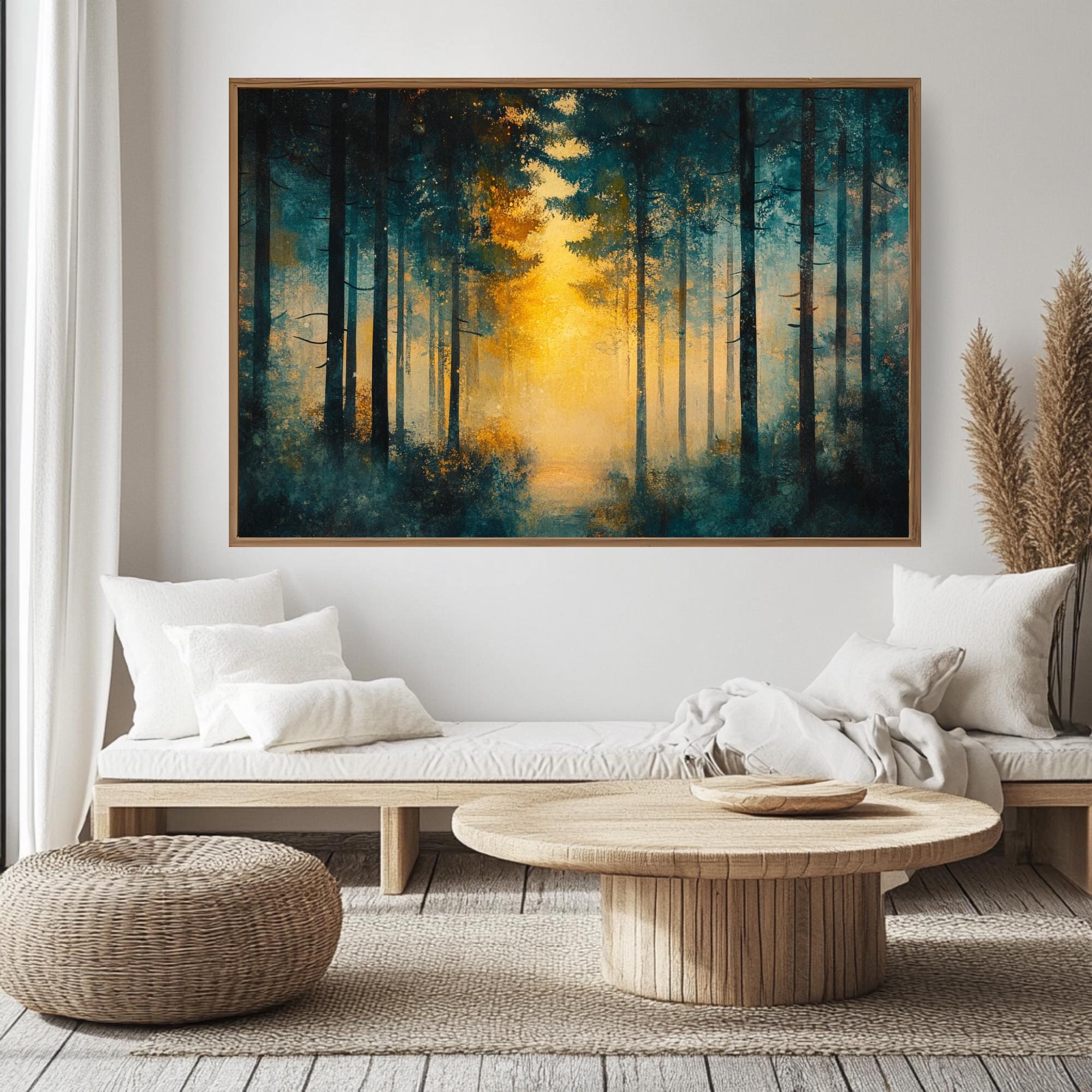 Golden Light Forest Wooden Framed Canvas, Abstract Pine Landscape Wall Art, Serene Nature Scene Print, Dreamy Moody Woodland Decor