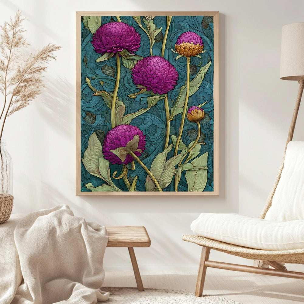 Globe Amaranth Floral Wall Art, William Morris Inspired Botanical Canvas, Vintage Purple and Gold Flower Print, Cottagecore Framed Decor