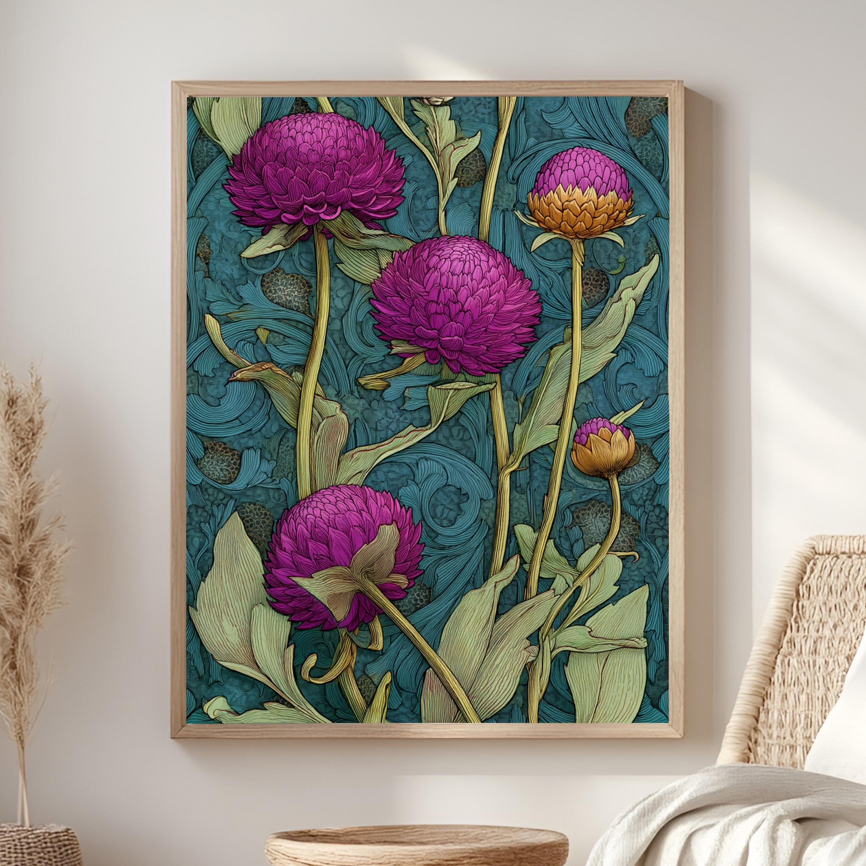 Globe Amaranth Floral Wall Art, William Morris Inspired Botanical Canvas, Vintage Purple and Gold Flower Print, Cottagecore Framed Decor