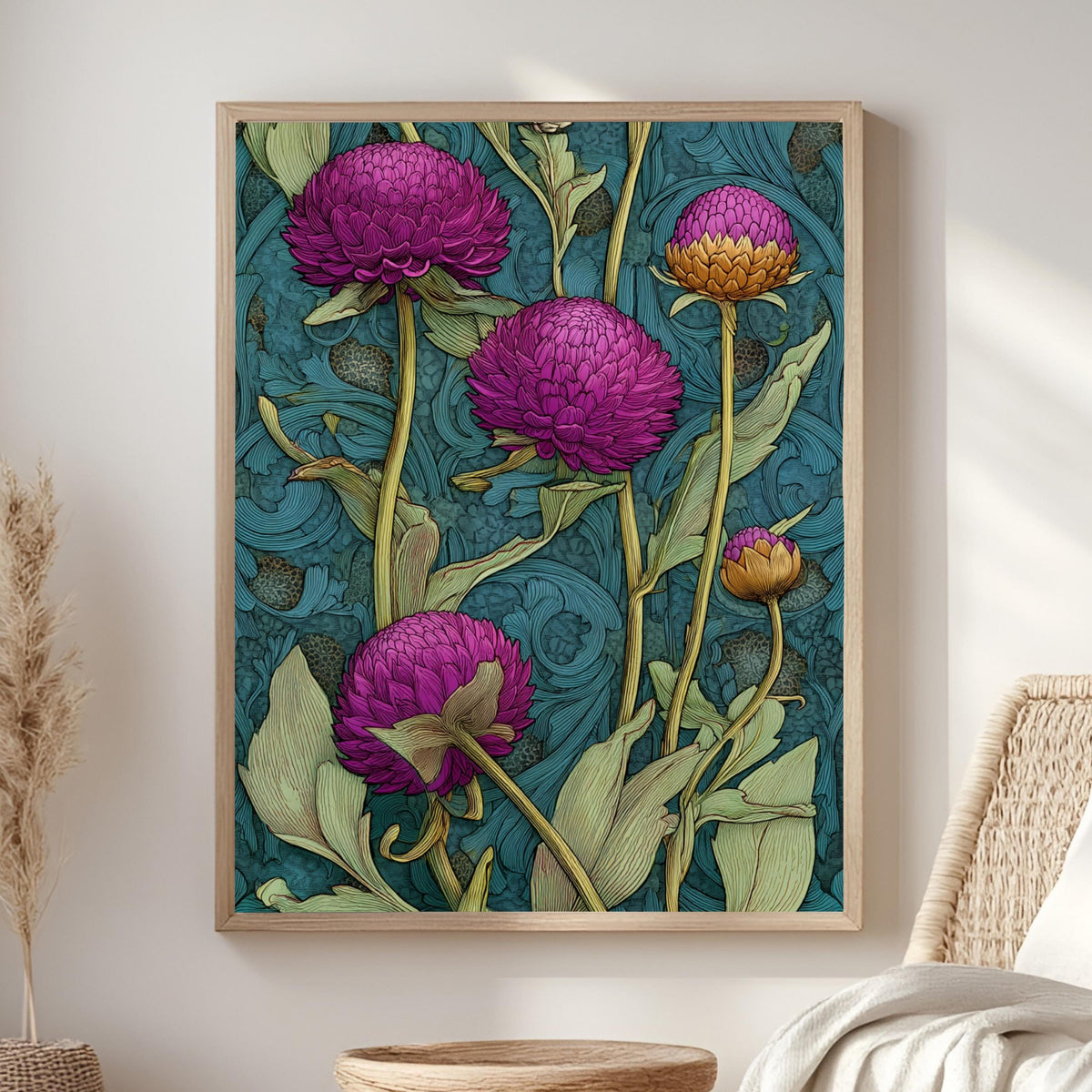 Globe Amaranth Floral Wall Art, William Morris Inspired Botanical Canvas, Vintage Purple and Gold Flower Print, Cottagecore Framed Decor