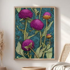 Globe Amaranth Floral Wall Art, William Morris Inspired Botanical Canvas, Vintage Purple and Gold Flower Print, Cottagecore Framed Decor